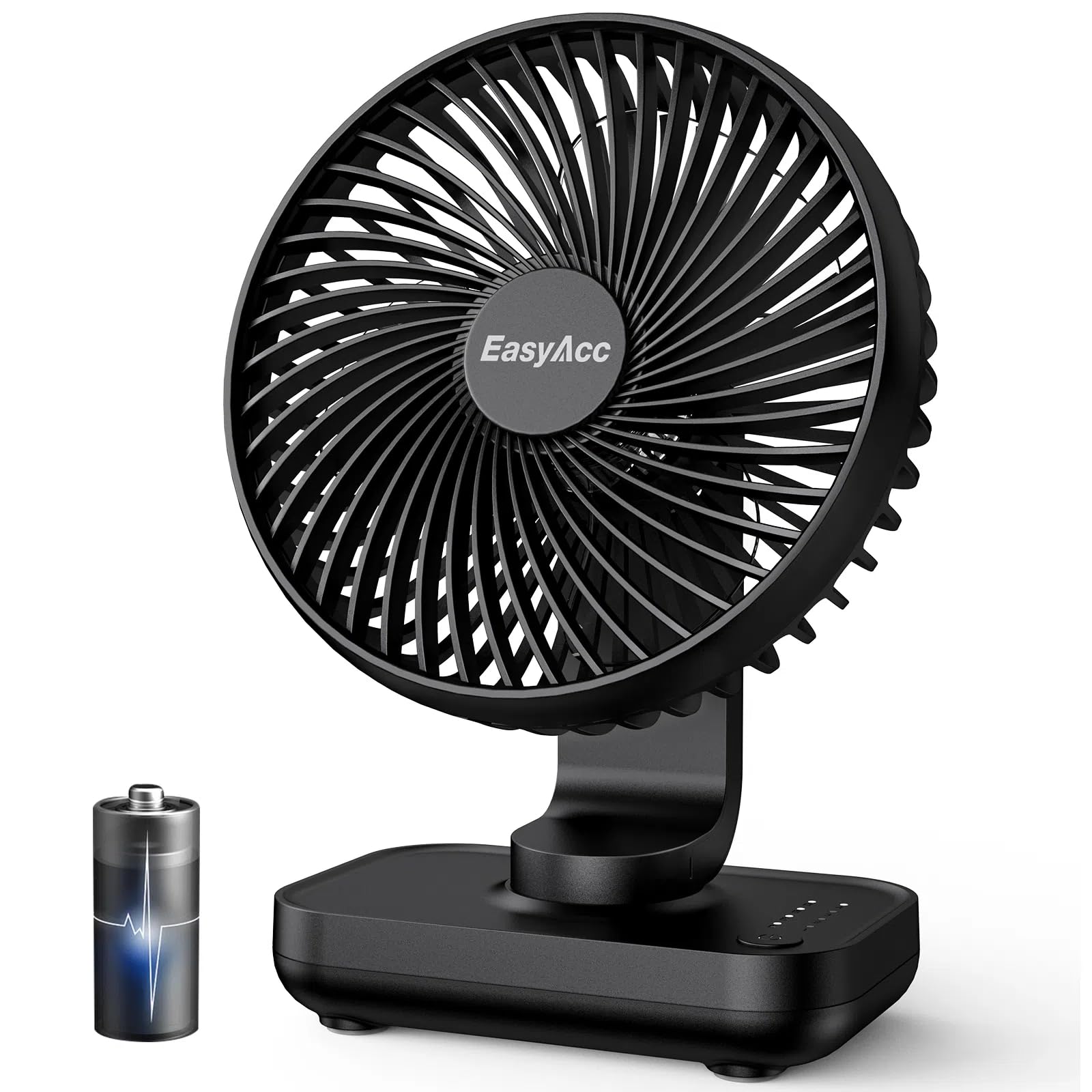 EasyAcc Ventilador de Mesa USB, 4000mAh Recargable Silencioso Ventiladores, Potente con 4 Velocidades, Mini Base Carga Rápida, Ventilador Portátil para Hogar, Oficina, Dormitorio, Exteriores, Negro Certificado ClimatePartner