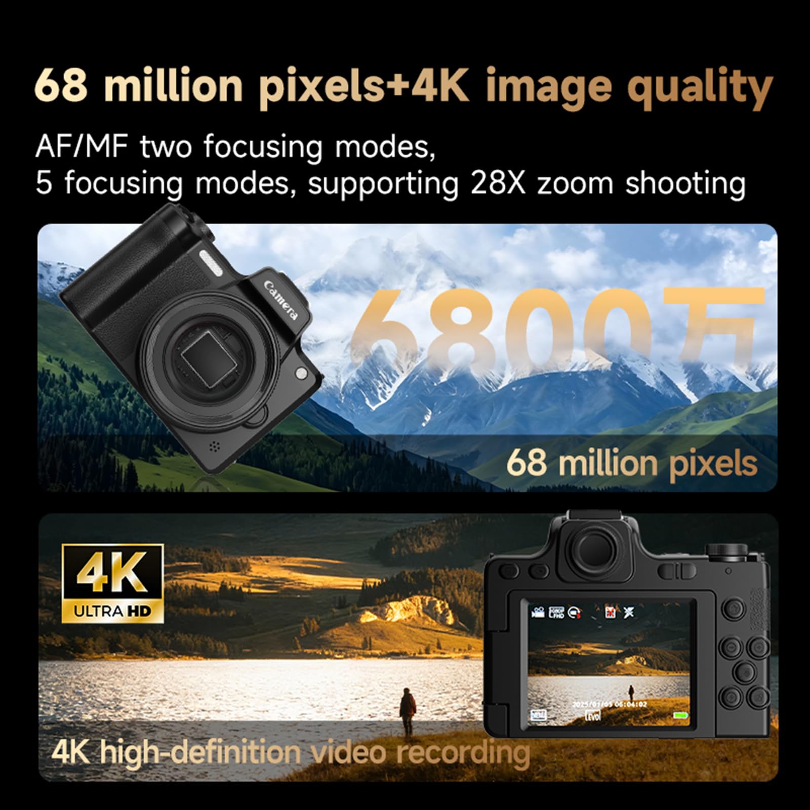 Fotocamera digitale avanzata da 68 MP con touchscreen e OTG per foto e video touchscreen