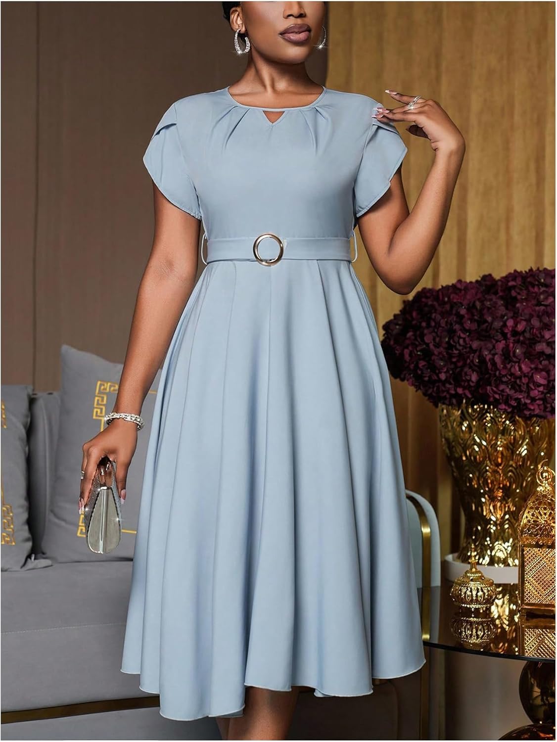 Floerns Women's Elegant Petal Sleeve A Line Dress Keyhole Neck Flowy Work Wedding Guest Dresses - Image 4