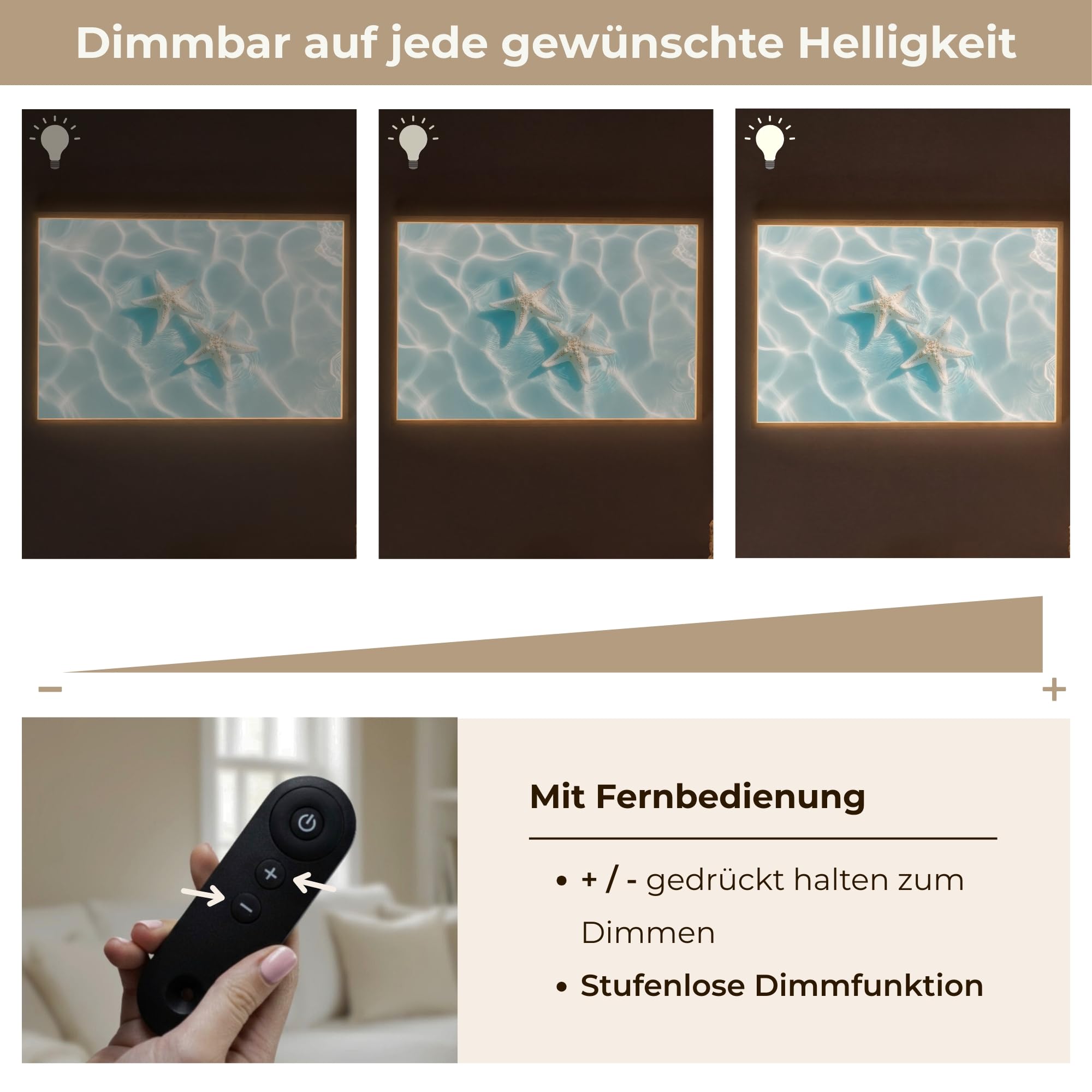 Moderne LED Wandleuchte Innen 90x60 cm Aufladbar Wandbeleuchtung Schlafzimmer Nachtlampe Flach Fernbedienung Warmes Still Licht Dimmbare Lampe Seesterne - Gewelltes Wasser - Beruhigend