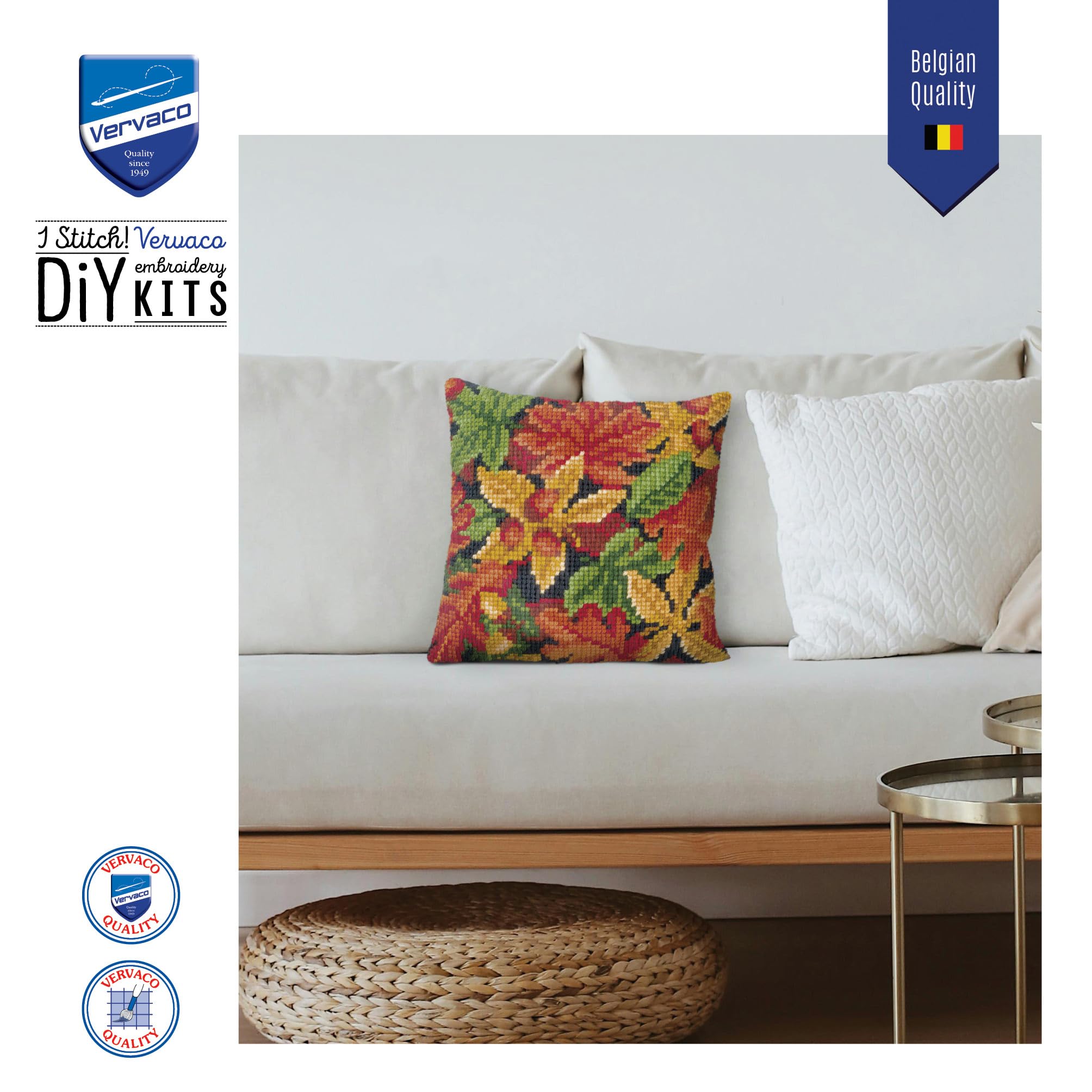 VERVACO Zestaw do Haftu Krzyżykowego Poduszka JESIENNE LIŚCIE Kanwa z Nadrukiem 40 x 40 cm Gruba Włóczka Akrylowa Zrób to Sam Dekoracja Domu DIY Cross Stitch Kit