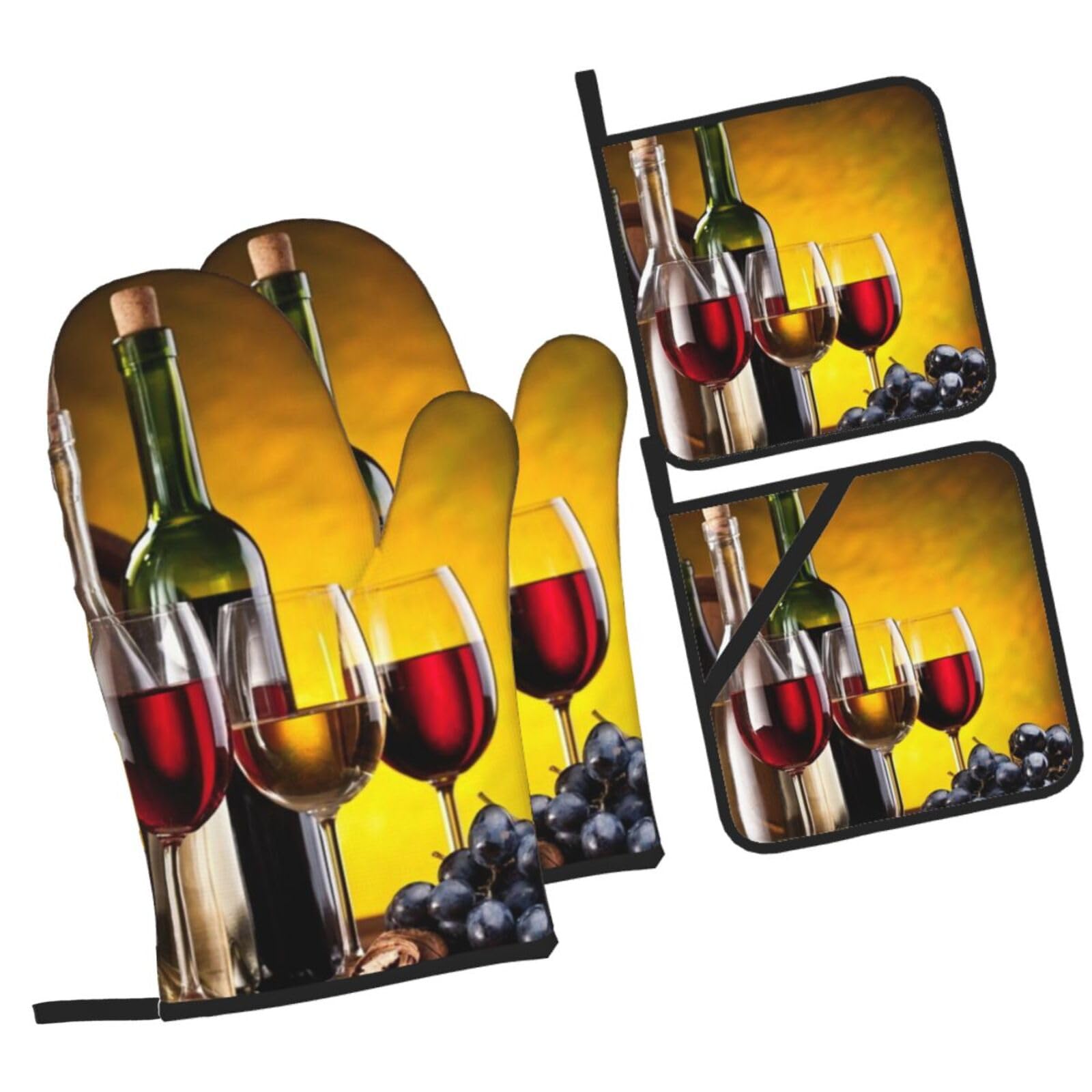 Grapes Wine Bottles and Drink Printed Oven Mitts and Pot Holders Heat Resistant Set of 4 Pcs, Modern Kitchen Gloves & Potholders for Cooking Baking Grilling