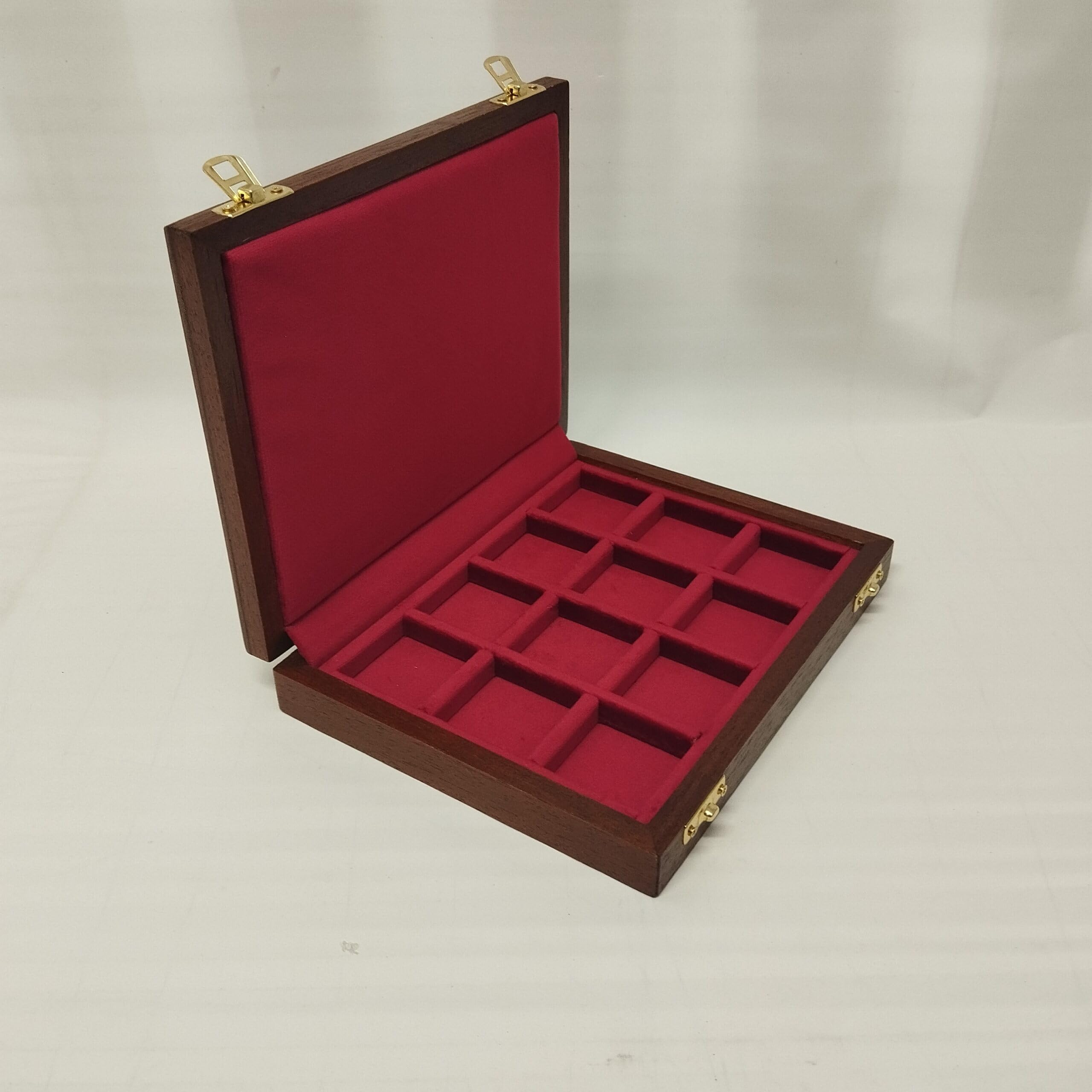 Coins&More Cofanetto per monete e medaglie da collezione 12 caselle 40x40 mm in legno e velluto artigianale Made in Italy