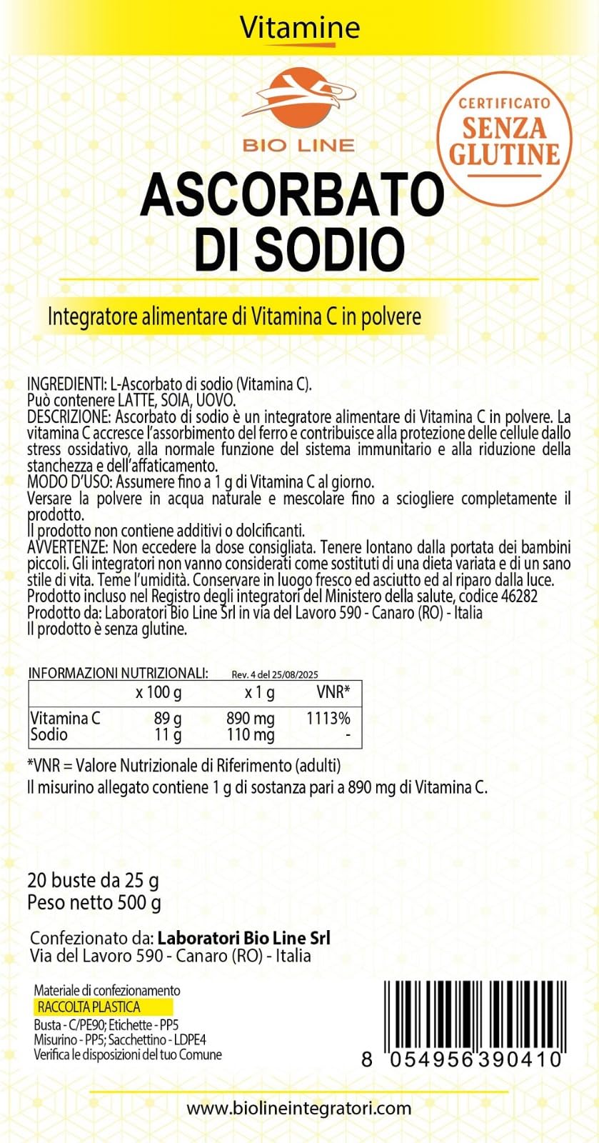 Bio Line Ascorbato di Sodio - Vitamina C Polvere Pura 500 g (20 Bustine da 25 g) Integratore Difese Immunitarie con Elevata Concentrazione di Antiossidanti, Integratori Alimentari Made in Italy