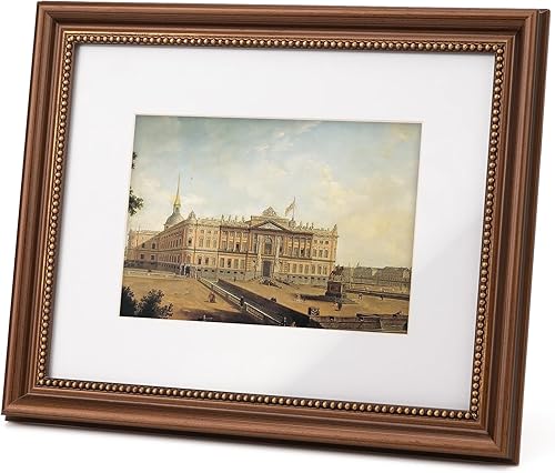Miniatura 2 de Marco de fotos clásico de madera de 8 x 10 pulgadas, interior adornado con cuentas, mate para foto de 5 x 7, exhibición de mesa o pared, nogal
