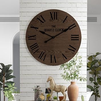 ARTPOWER Large Farmhouse Wall Clock, 35.5 Shiplap Wall Clock with Roman Numeral, Nearly Non-Ticking, Round Wall Clocks for Living Room Decor, Office, Bedroom, Entrance, Brown