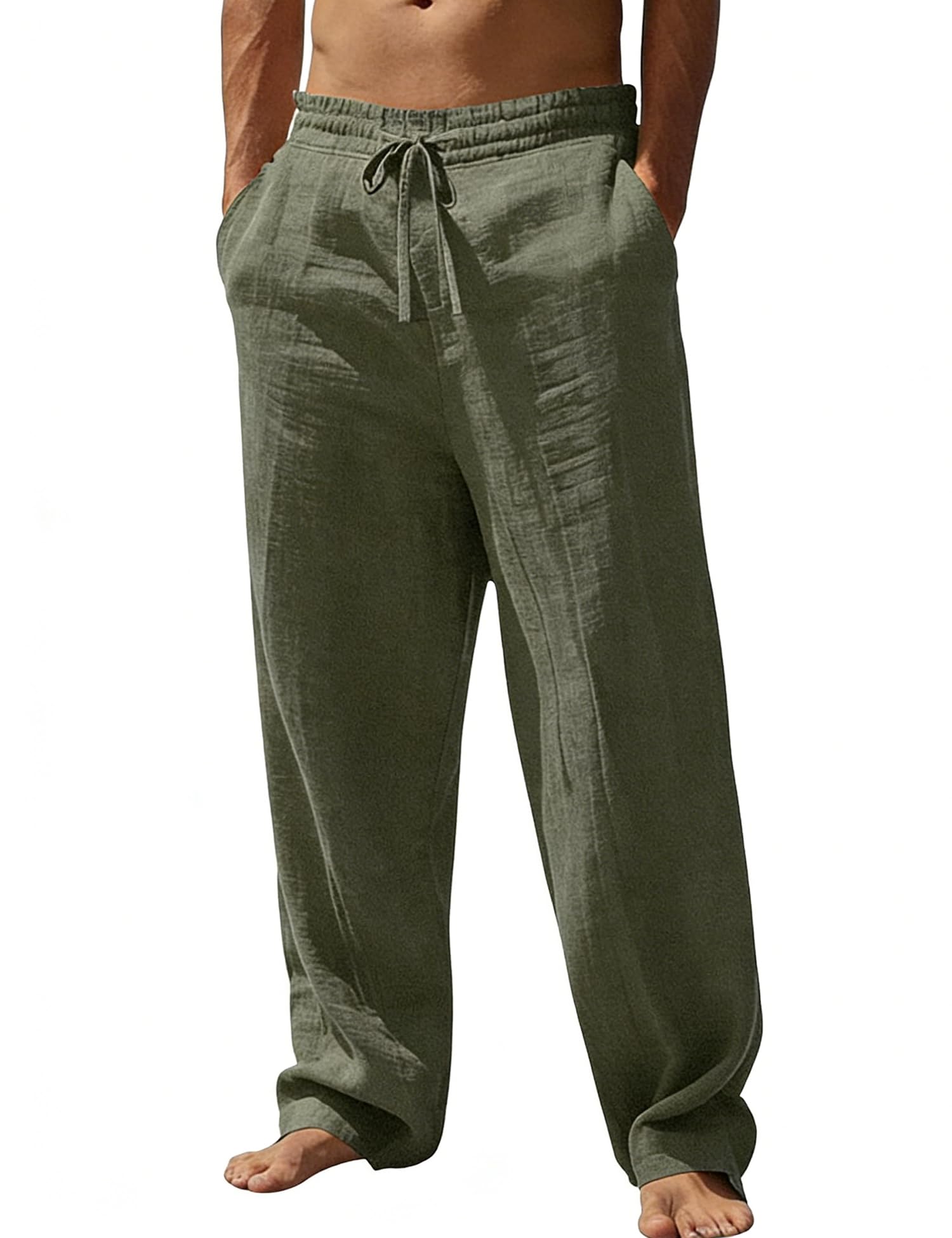 SWOMOG Mens Casual Cotton Linen Pants Drawstring Loose Fit Summer Beach Pants Lightweight Trousers with Pockets Army Green