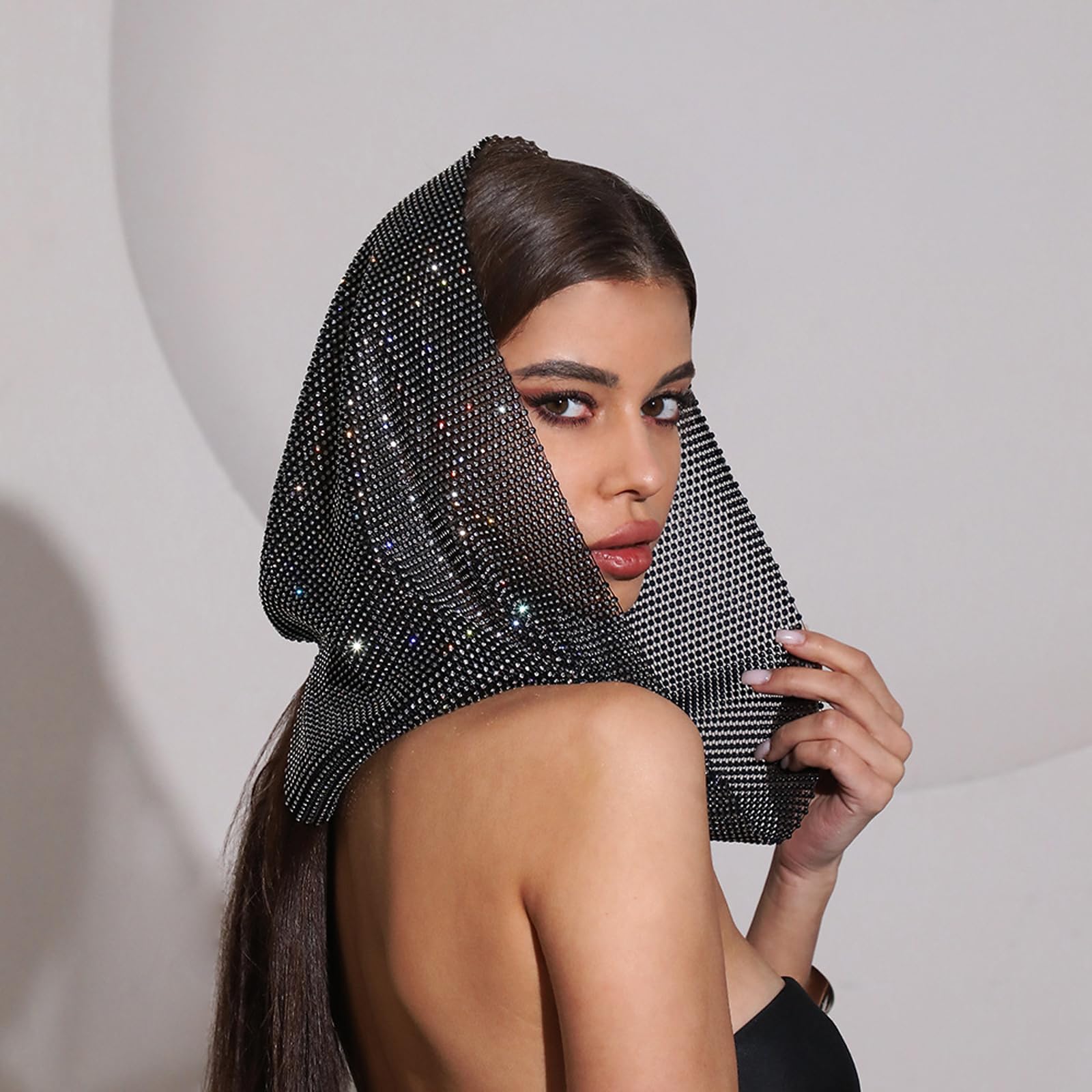 JIAHG Women Glitter Rhinestones Mesh Headdress Girls Flapper Sparkly Crystal Mesh Head Scarf Bling Mesh Wrap Cap Shiny Mesh Hairbands for Youth Nightclub Rave Party Music Festival - Image 2
