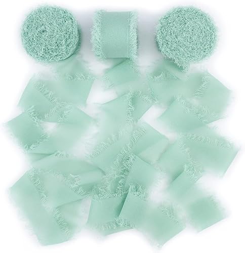 Cintas de seda de gasa de 1.5 pulgadas x 22 yardas, juego de cintas verdes con flecos hechos a mano para invitaciones de boda, envoltura de regalos,