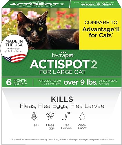 TevraPet Actispot II Tratamiento de pulgas para gatos grandes de 9+ libras | 6 dosis | Poderosa prevención y control
