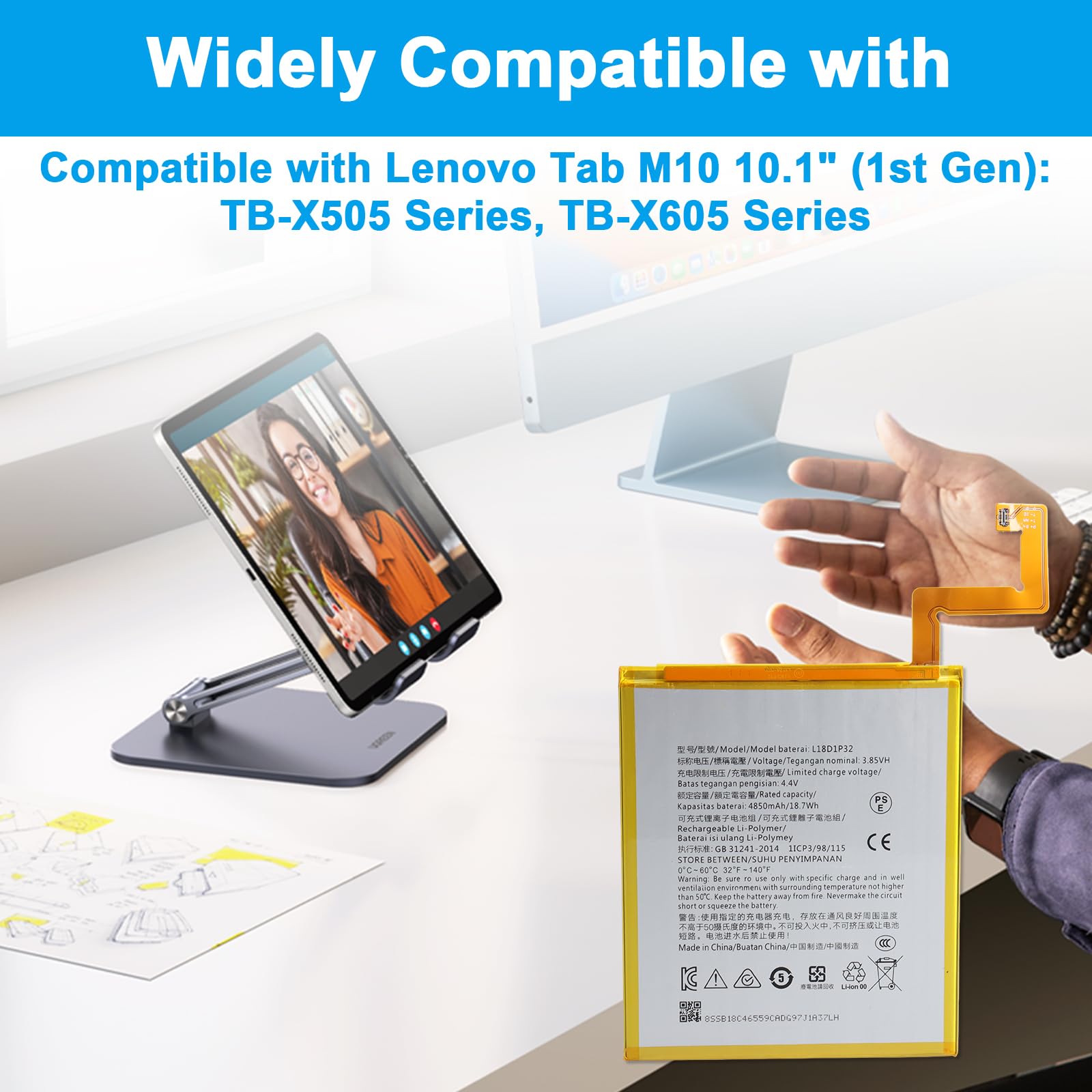 L18D1P32 Tablet Akku Kompatibel mit Lenovo Tab M10 HD TB-X505F TB-X505L TB-X505X, TB-X605F TB-X605L TB-X605M TB-X605C TB-X605LC TB-X605FC, mit Werkzeugset - 4850mAh 18.7Wh 3.85V