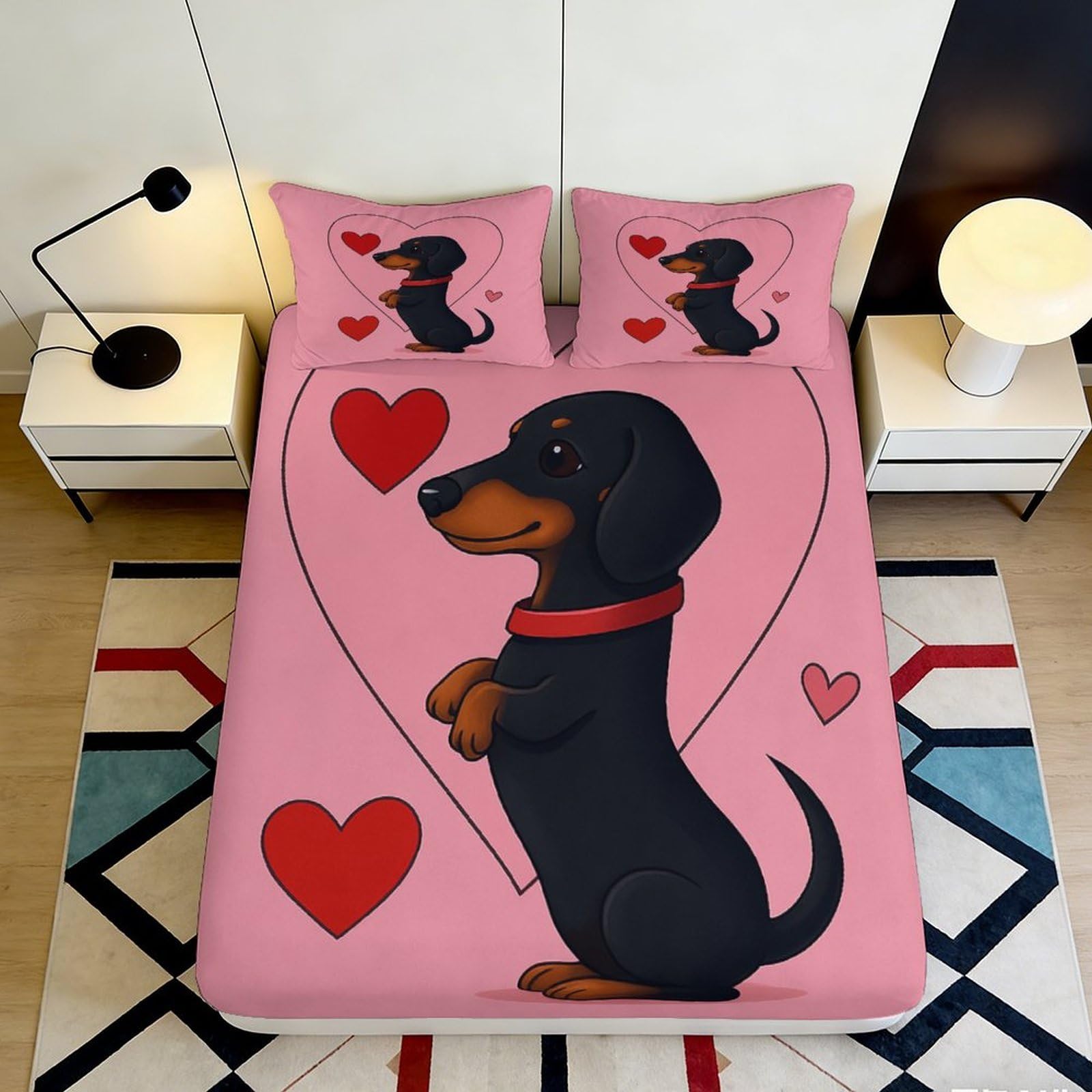 Jqzkxnhpbr Style-3 3D Printed Dachshund Heart Fitted Sheet Microfiber Soft Pink Dog Bed Cover For Bedroom Dorm Mattress Protector Decor 90X200x25cm