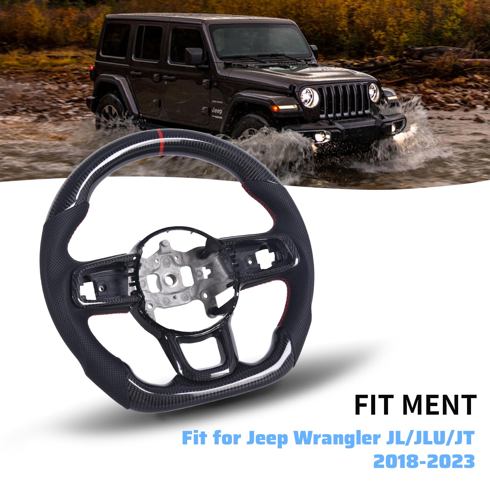 Carbon Fiber Steering Wheel for Jeep Wrangler JL/JLU/JT 2018-2023, D-shaped Flat-bottom Nappa Perforated Leather Grip with Replacement Trim