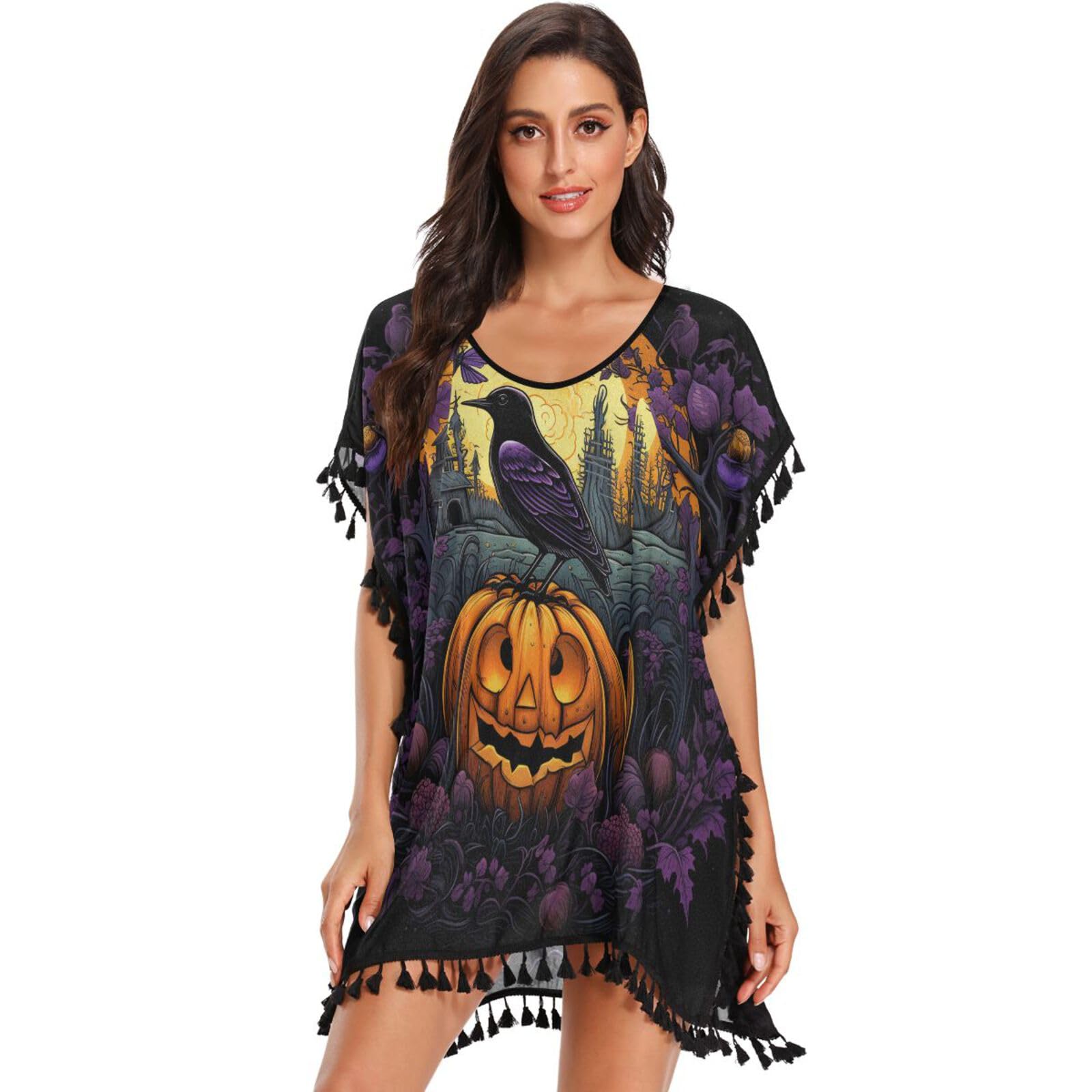 Halloween Pumpkin Purple Bird Women's Beach Cover Up Chiffon Tassel Swimwear Swimsuit Coverups for Girl