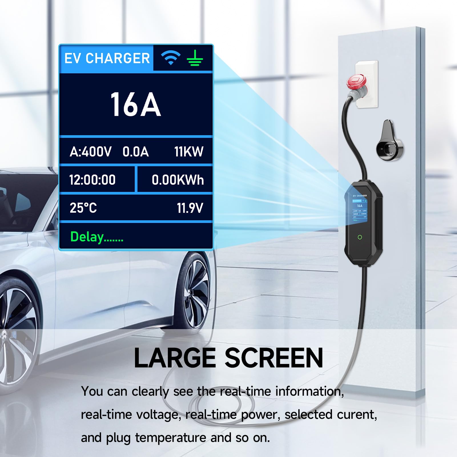 6m Cavo Ricarica Auto Tipo 2 CEE 11kW, Trifase, 8-16A con Potenza di Ricarica Regolabile, Caricatore per Veicoli Elettrici e Stazione di Ricarica Mobile/Wallbox