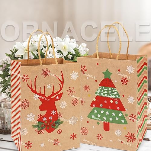 Miniatura 6 de ORNACELE 12 bolsas de regalo de Navidad surtidas, pequeñas bolsas de papel kraft con asas e impresiones navideñas para envolver regalos y