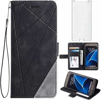 Asuwish Compatible with Samsung Galaxy S7 Wallet Case and Tempered Glass Screen Protector Flip Cover Card Holder Stand Cell Accessories Phone Cases for Glaxay S 7 7s GS7 SM-G930V G930A Women Men Black