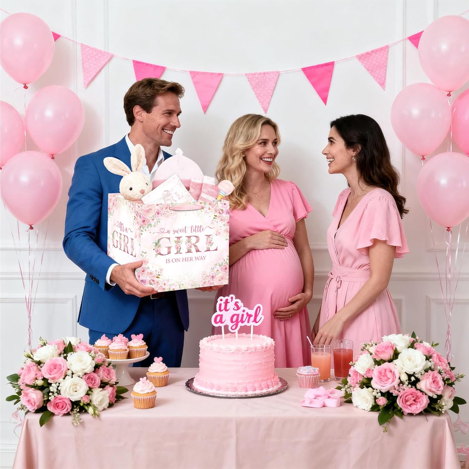 Extra Large Baby Girl Gift Bag Square Jumbo Pink Floral Baby Shower Bag with Wrapping Paper Card Sticker Envelope for New Baby Girls, Daughter, Granddaughter, Niece, Gifts for Newborns Party Favors - Image 6