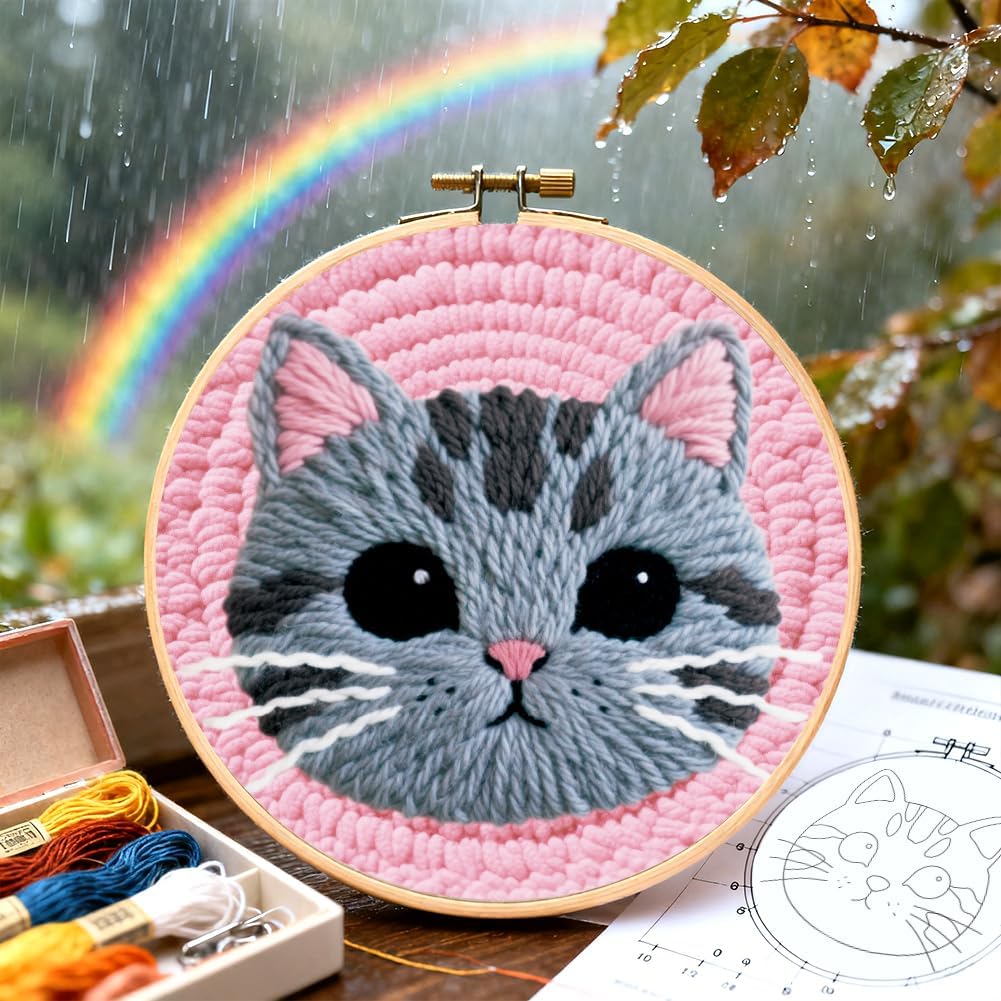 ORIGACH 2 Set Cat Embroidery Punch Needle Kit for Adults Beginners