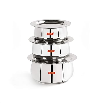 Sumeet Stainless Steel Belly Shape 3 Pc Tope/Cookware/Pot Set with Lid 380ML, 500ML, 780ML, (Silver) - image, photos