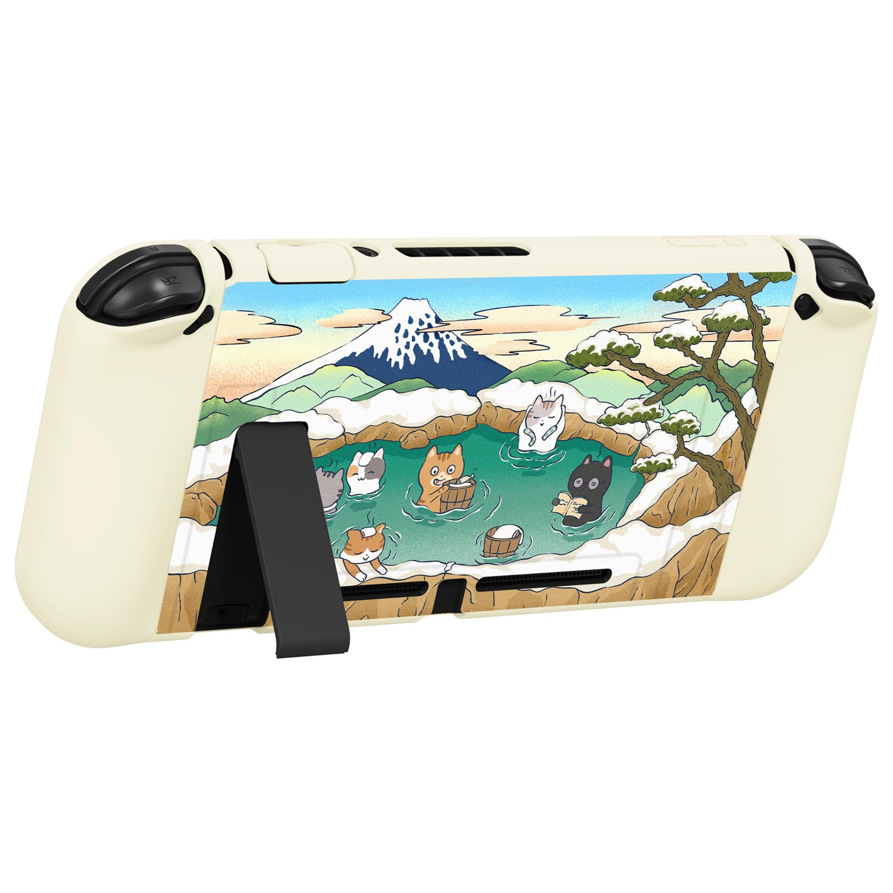 PlayVital ZealProtect Soft Protective Case for Nintendo Switch, Flexible Cover Protector for Switch with Tempered Glass Screen Protector & Thumb Grips & ABXY Direction Button Caps - Hot Spring Kitties — view 7
