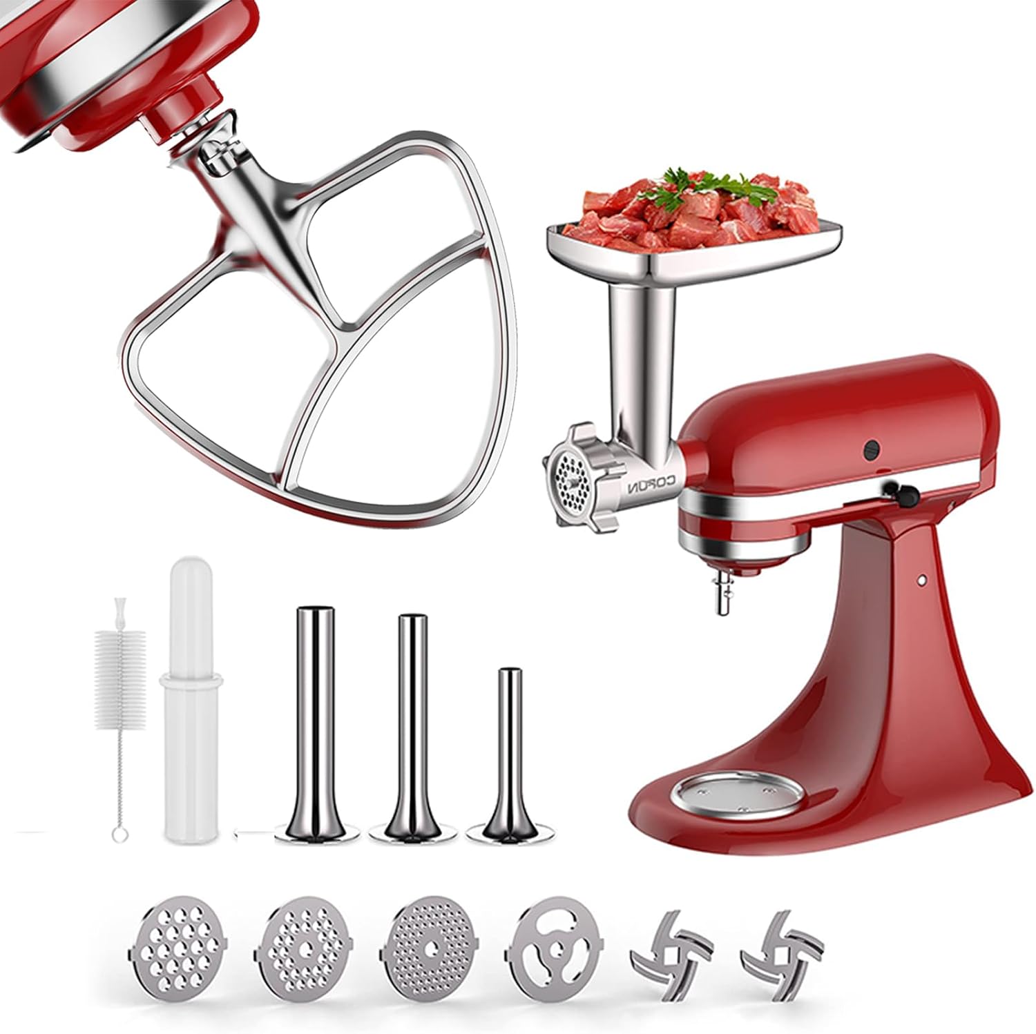 Cofun Stainless Steel Paddle Attachment & Meat Grinder Attachment for KitchenAid Stand Mixer