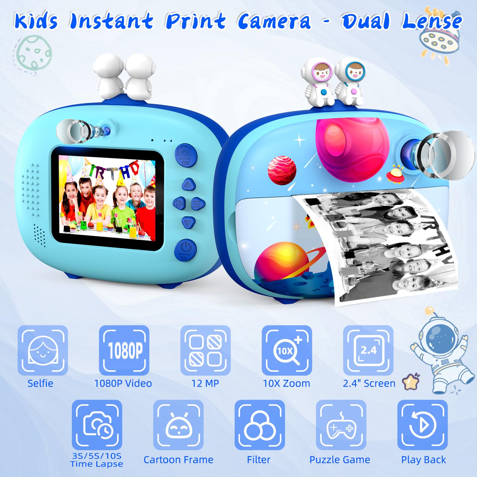 CHAKEYAKE Macchina Fotografica Bambini Istantanea,2,4 Pollici Digitale Fotocamera Bambini con 32GB TF Scheda e Carta Fotografica per Stampa, Regalo per Bambini dai 3-12 Anni (Pianeta Blu)