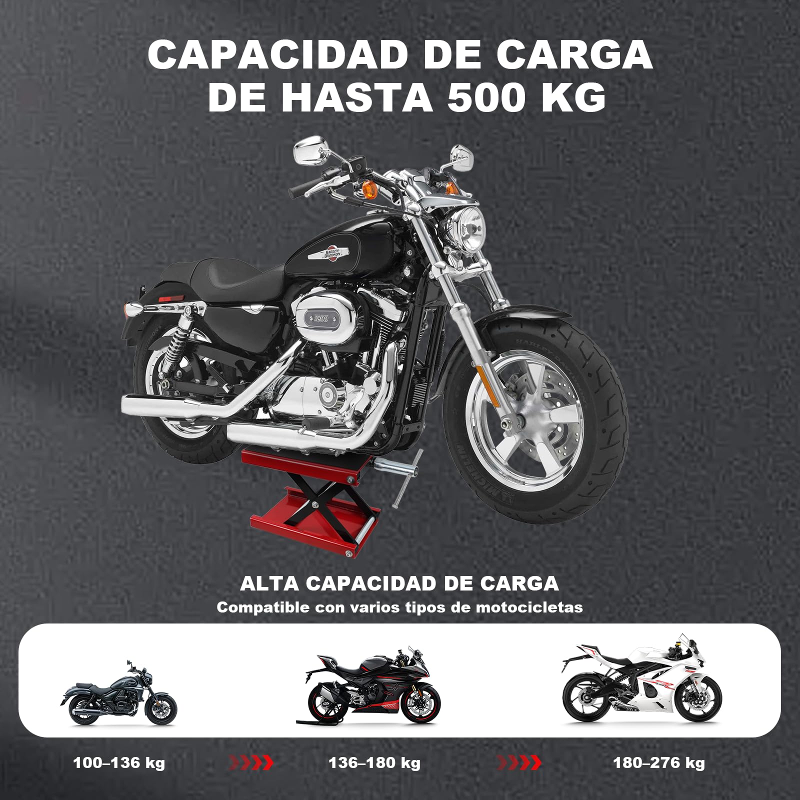 Plataforma elevadora de motocicleta - 500 kg/1100 lb para motocicleta, plataforma ancha, rango de elevación de 8,5 cm - 34 cm, para motocicletas, bicicletas, vehículos todo terreno