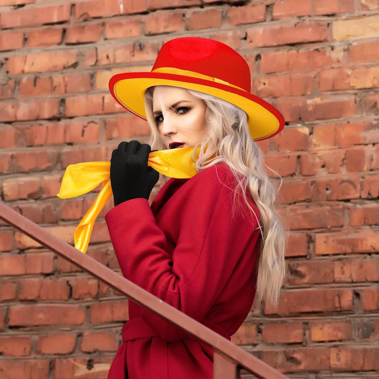 Mystery Agent Costume Accessories for Women with Red Trendy Top Hats Yellow Chiffon Scarf Gloves for Halloween Party