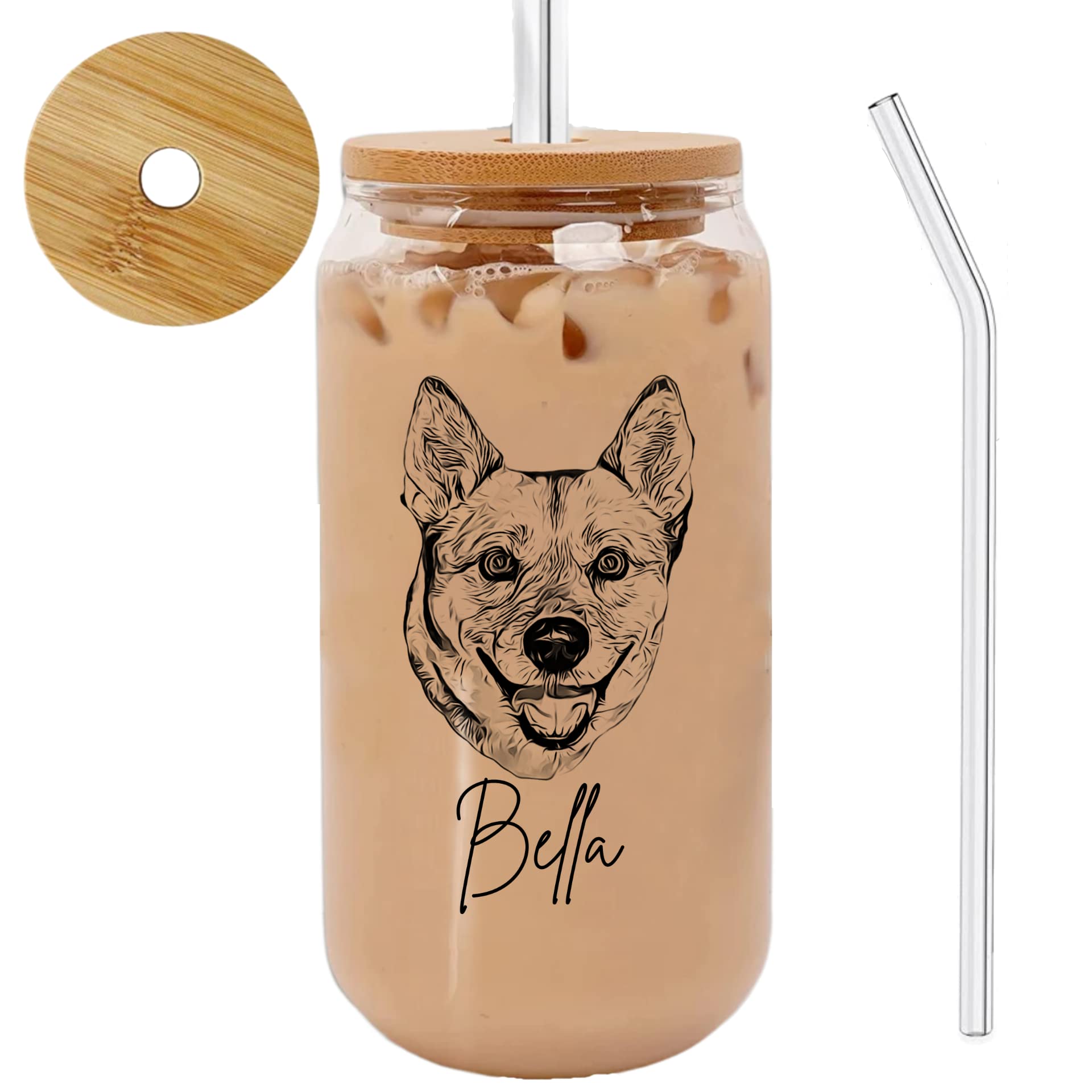 Personalized Pet Mug with Bamboo Lid,Custom Dog Mom Gifts,Cat Mom Gifts, Personalized Gifts for Dog Lover, Iced Coffee Cup, Handmade Gifts,Pet Lover Gift (Single Pet Picture)