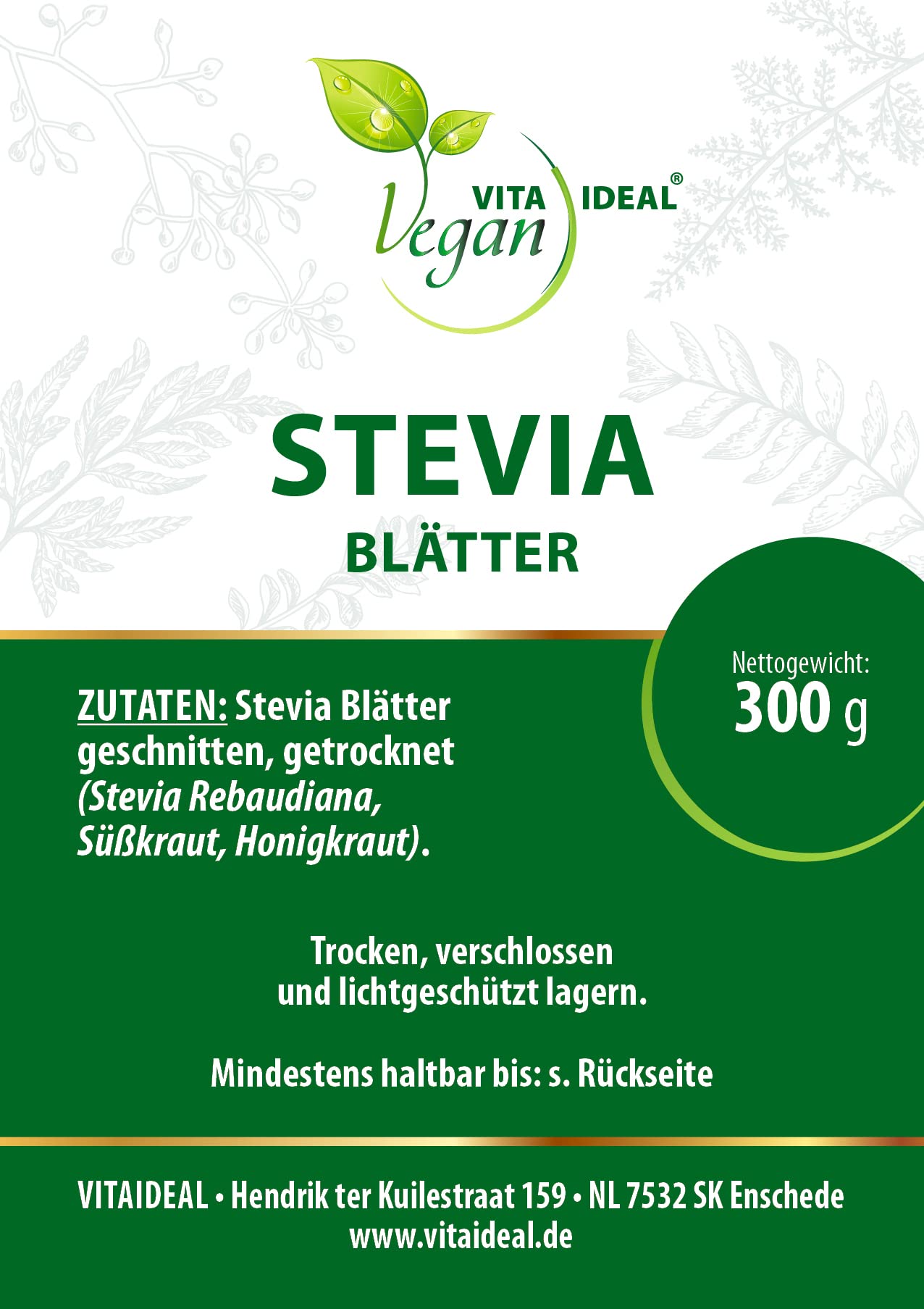 VITA IDEAL Vegan® SÜßKRAUT - Blätter 4x 300g geschnitten & getrocknet - Stevia rebaudiana - SÜßKRAUTBLÄTTER - Suesskraut - Sueßkraut Kräuter Tee & Aufguss, ohne Zusatzstoffe.