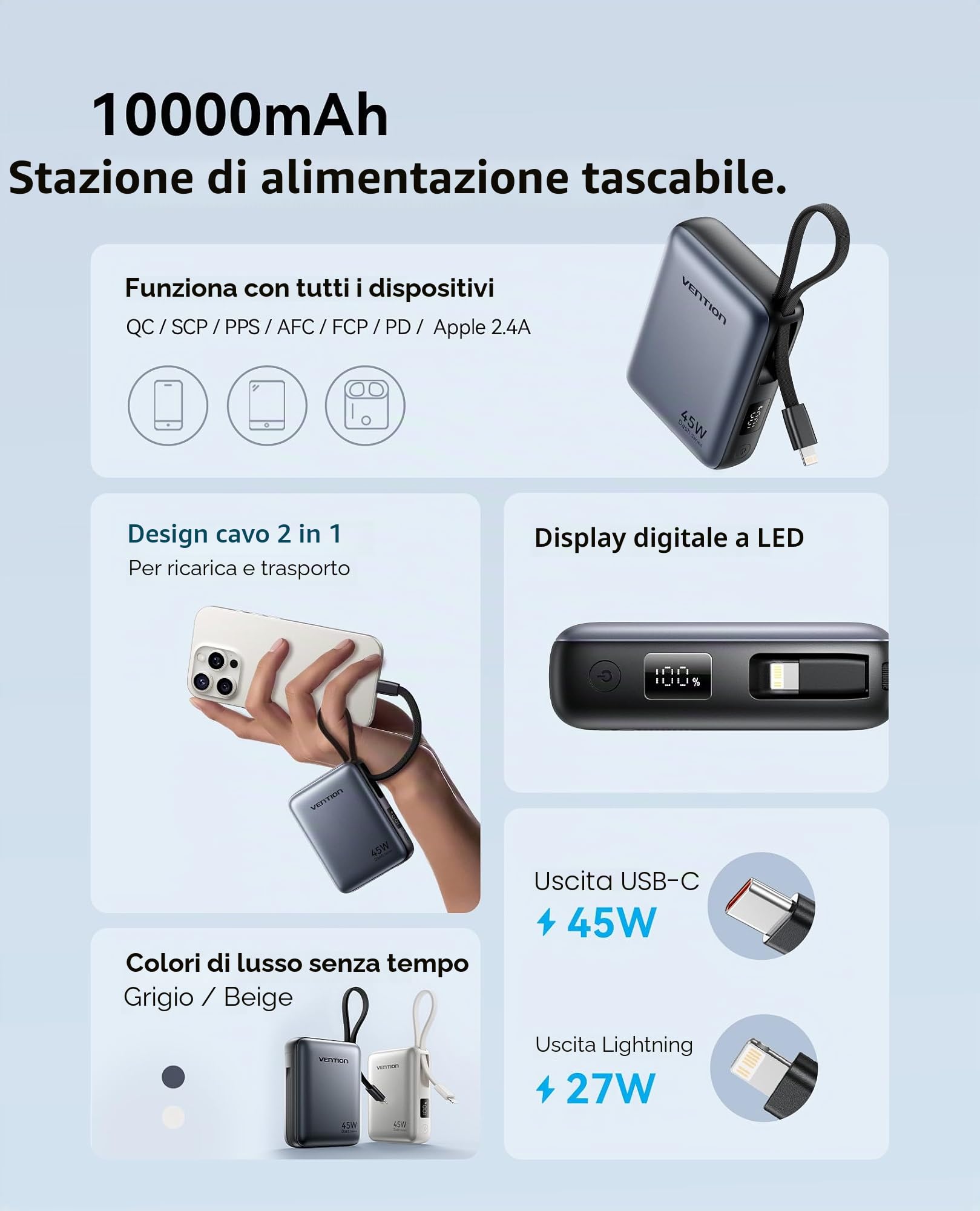 VENTION Mini Power Bank 10000mAh 45W Ricarica Rapida, con Cavo USB-C Integrato & Display Intelligente, Caricatore Portatile 3 Porte Compatibile con iPhone 16/15/14 Pro Max Plus, iPad, Galaxy S24 Ultra