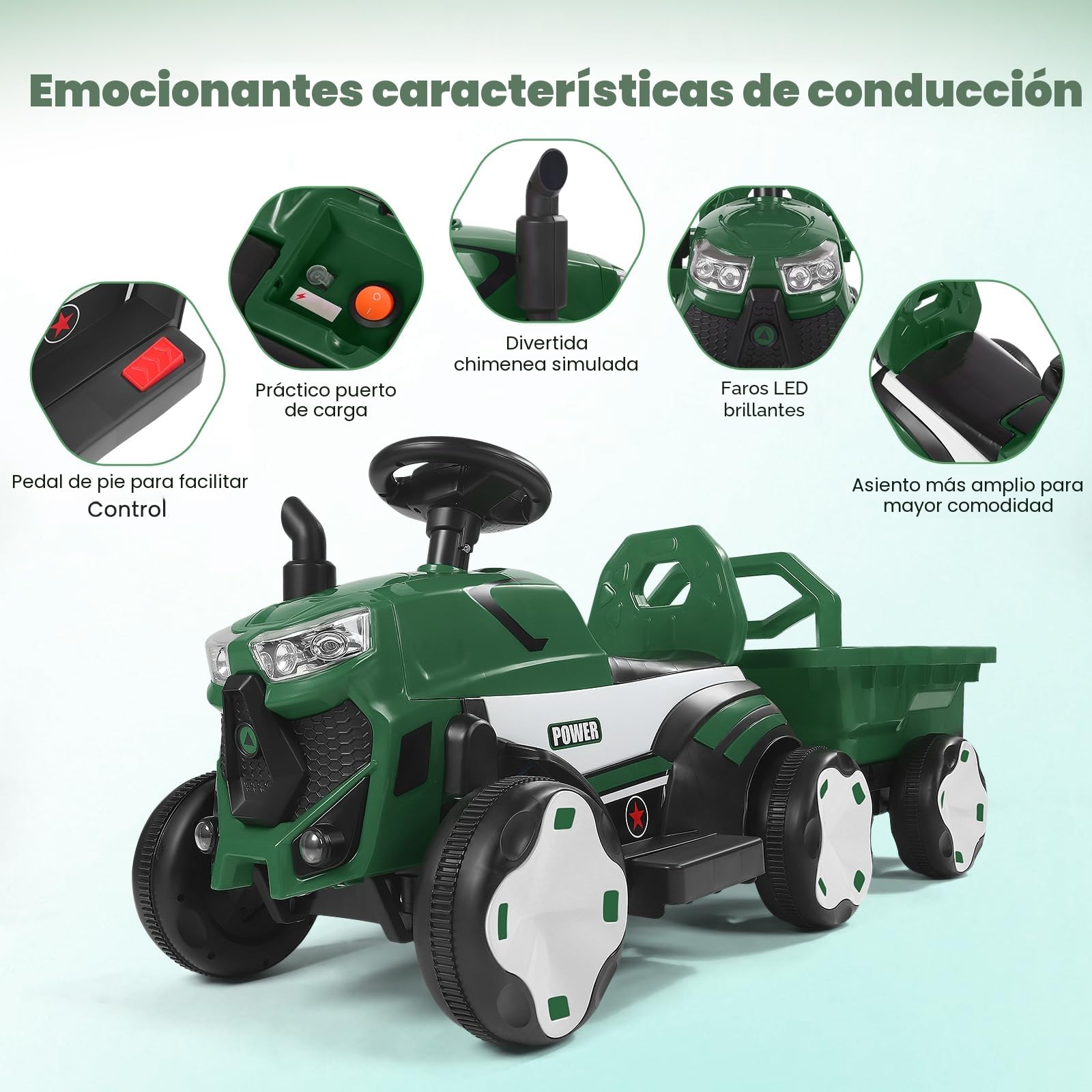 Tractor eléctrico con Remolque, Tractor Infantil con Control Remoto, Luces LED, música, Funciones USB, Capacidad de Carga: 50 kg, para niños a Partir de 1-3 años (Verde Tractor)