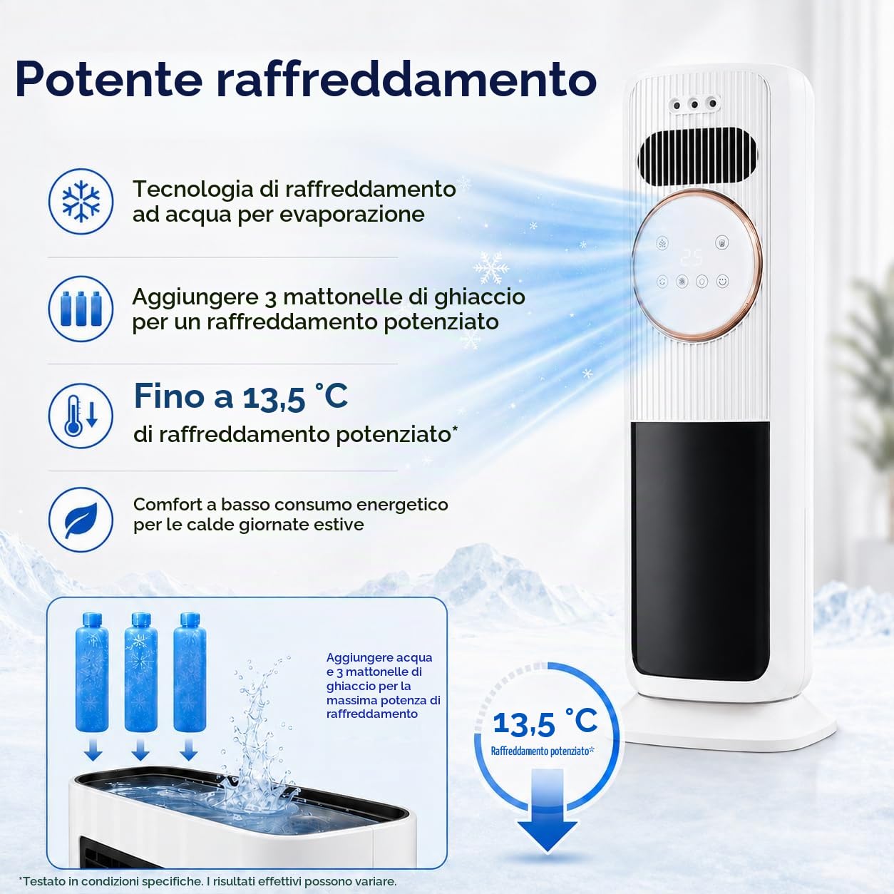 Raffrescatore d’Aria con 5 Modalità Caldo e Freddo, Condizionatore Portatile Senza Tubo con Effetto Fiamma e Oscillazione 180°, Raffrescatore Evaporativo per Casa Ufficio Camera Salotto (Bianco)