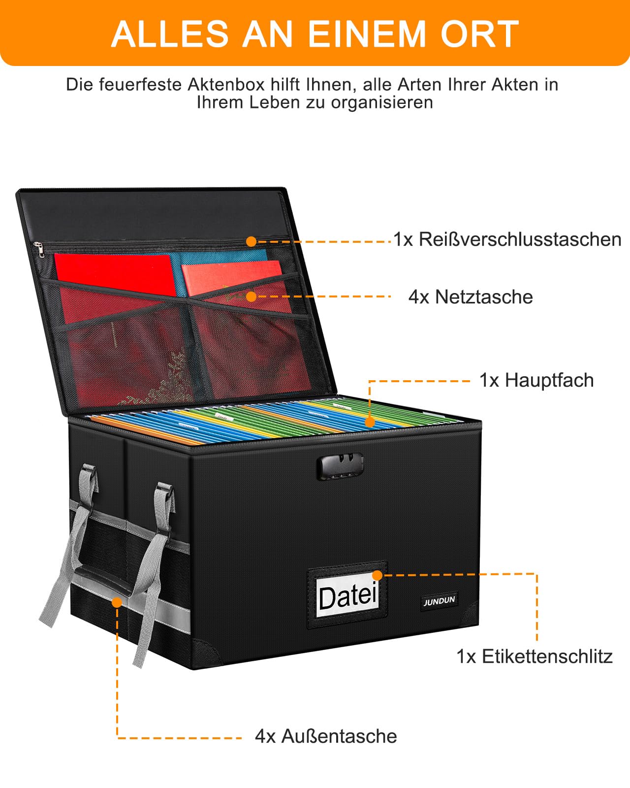 JUNDUN Akten Organizer Box mit Schloss, Zusammenklappbare Feuerfeste Dokumentenbox mit Wasserabweisendem Reißverschluss und Deckel, Tragbare Dekorative Hängeregistraturbox für Zuhause/Büro