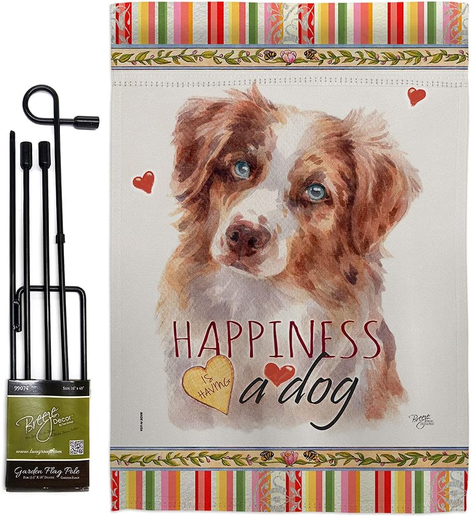 Breeze Decor Red Australian Shepherd Happiness Garden Flag-Set with Stand Dog Puppy Spoiled Paw Canine Fur Pet Nature Farm Animal Creature House Banner Small Yard Gift Double-Sided, Made in USA