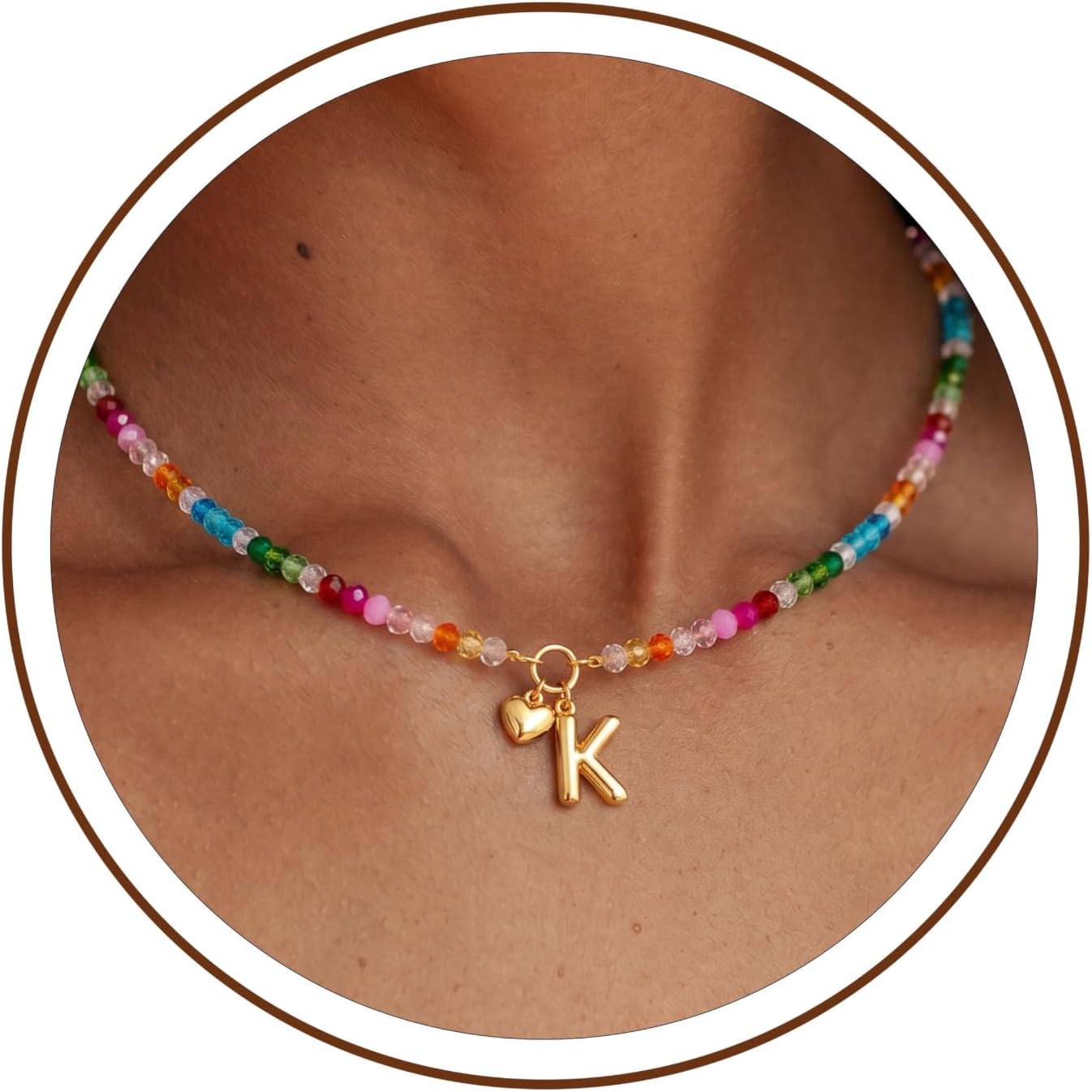 Colorful Beaded Initial Necklace for Women - Dainty 14K Gold Plated Letter A-Z Pendant with Heart Charm Necklaces, Personal Birthday Jewelry Gifts for Mom Sister Wife Friends