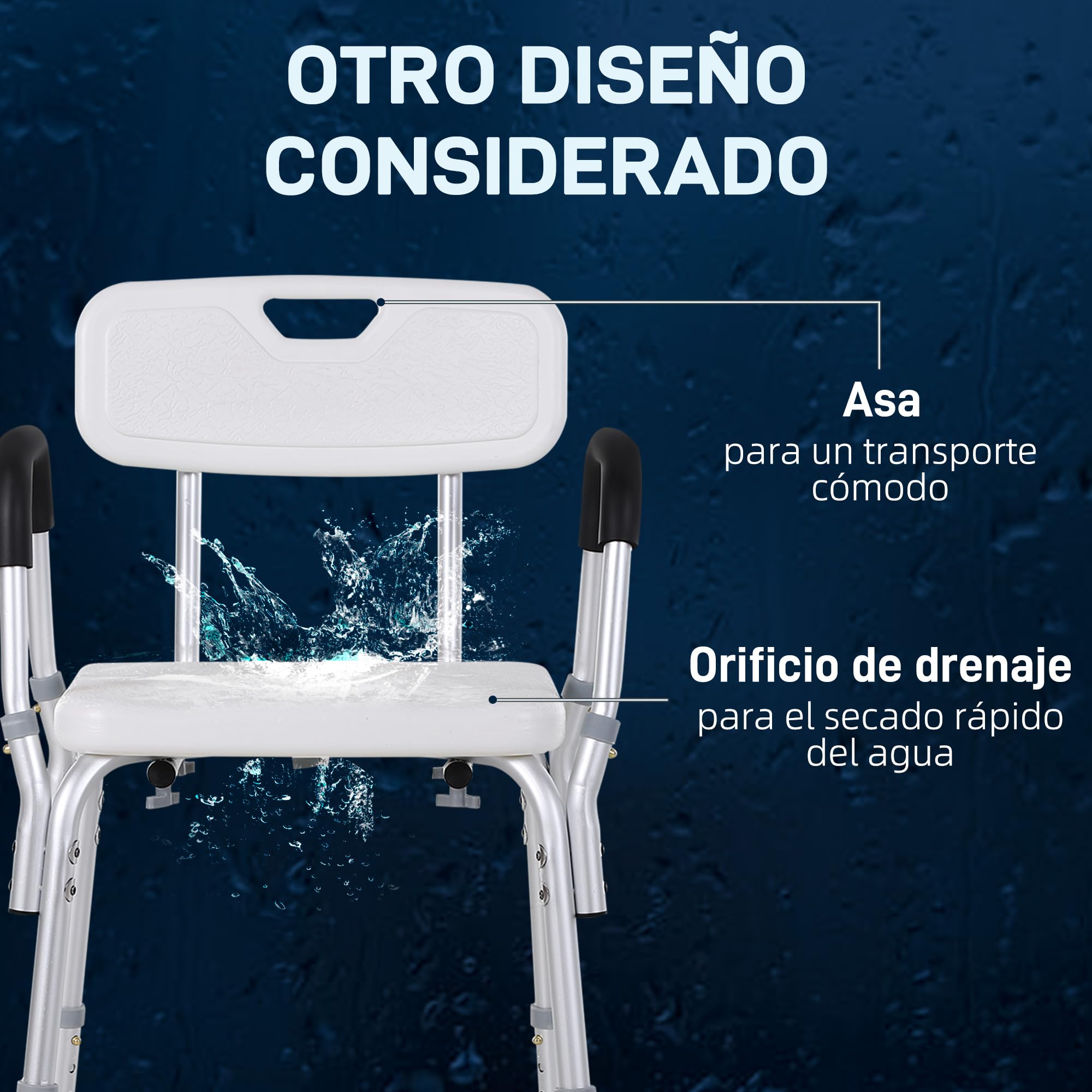 HOMCOM Silla Ducha Personas Mayores Antideslizante con Altura Ajustable | Taburete Ducha, Reposabrazos Regulable, Carga 136 kg, Ancianos Discapacitados, Silla para Baño