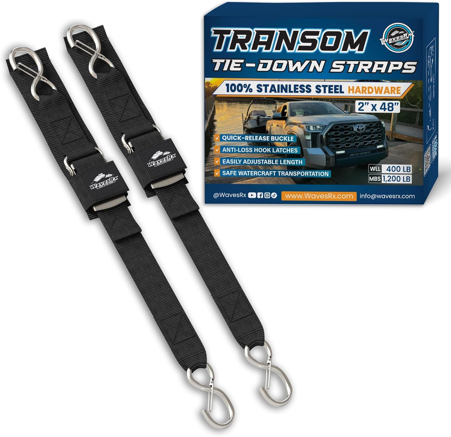 WavesRx Stainless Steel Boat Trailer Transom Tie Down Straps - 2" x 48" (2PK) - Heavy Duty Marine-Grade Tie Downs with Quick Release Buckles - 1,200 lbs MBS - Pontoon &amp; Boat Trailer Accessories