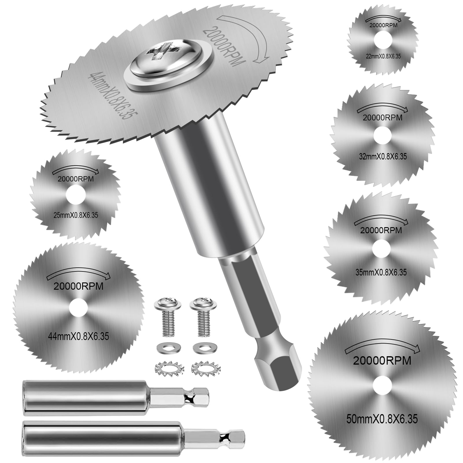 FOTYBEl Cutting Wheel for Drill, Rotary Tool Cutting Discs with 6pcs Steel Saw Blades, 2pc 1/4" Hex Short Shank and Long Shank, Power Rotary Tool