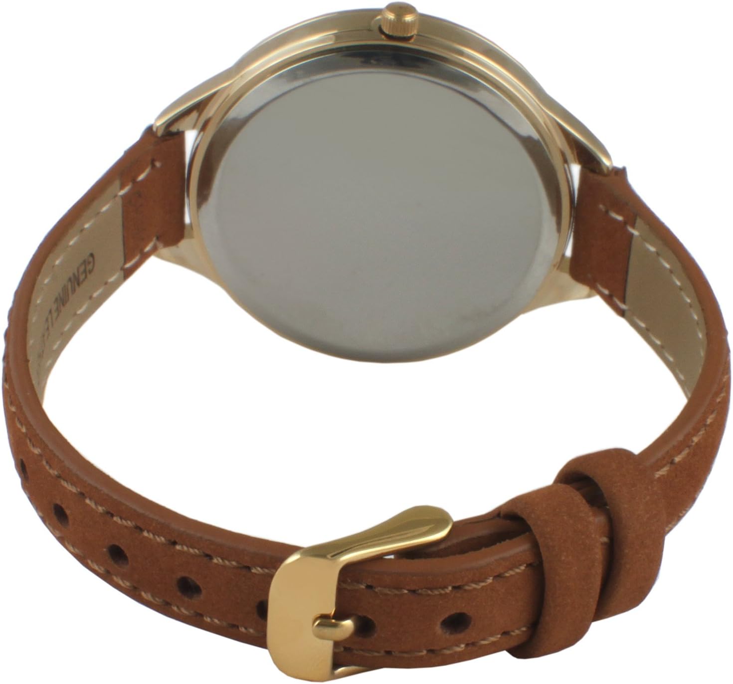 Peugeot Women’s Gold Round Multi-Function Watch with Skinny Brown Suede Strap