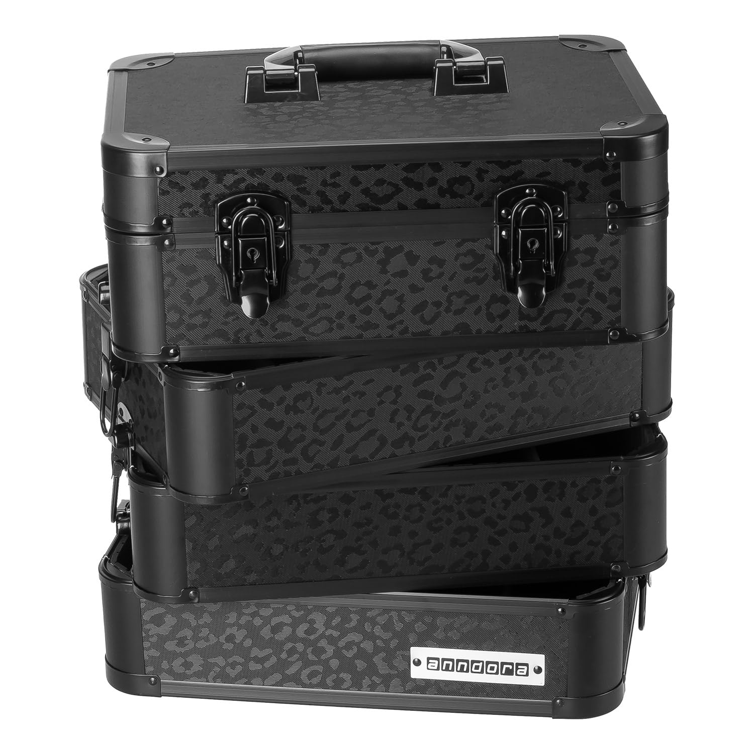 anndora Universalkoffer Etagenkoffer 23 Liter Werkzeugkiste 4 Ebenen – Leo Panther Design – komplett schwarz