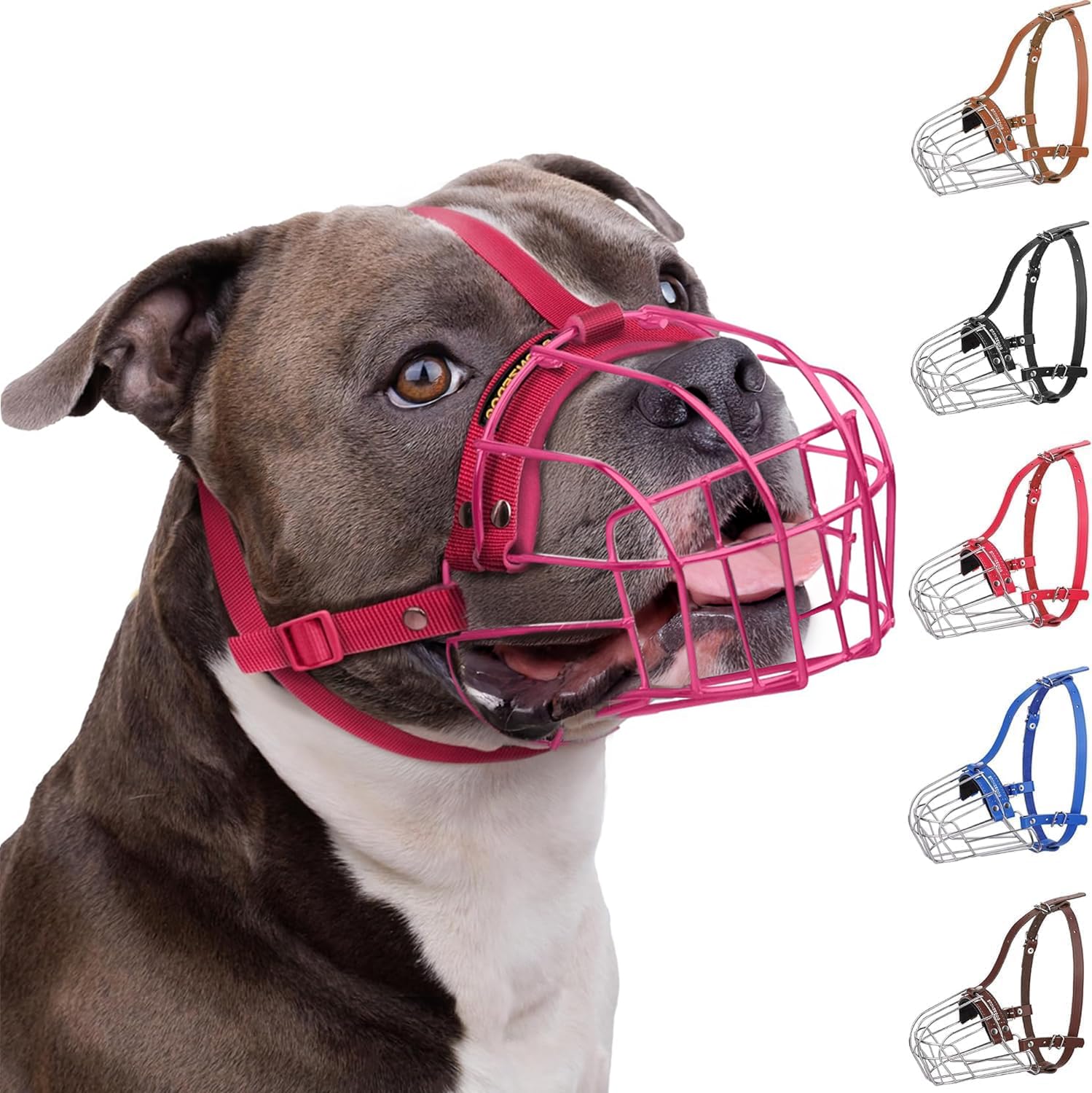 BRONZEDOG Pitbull Dog Muzzle Adjustable Metal Mask Wire Basket for Amstaff, Pit Bull, Large Dogs (Nylon, Pink)