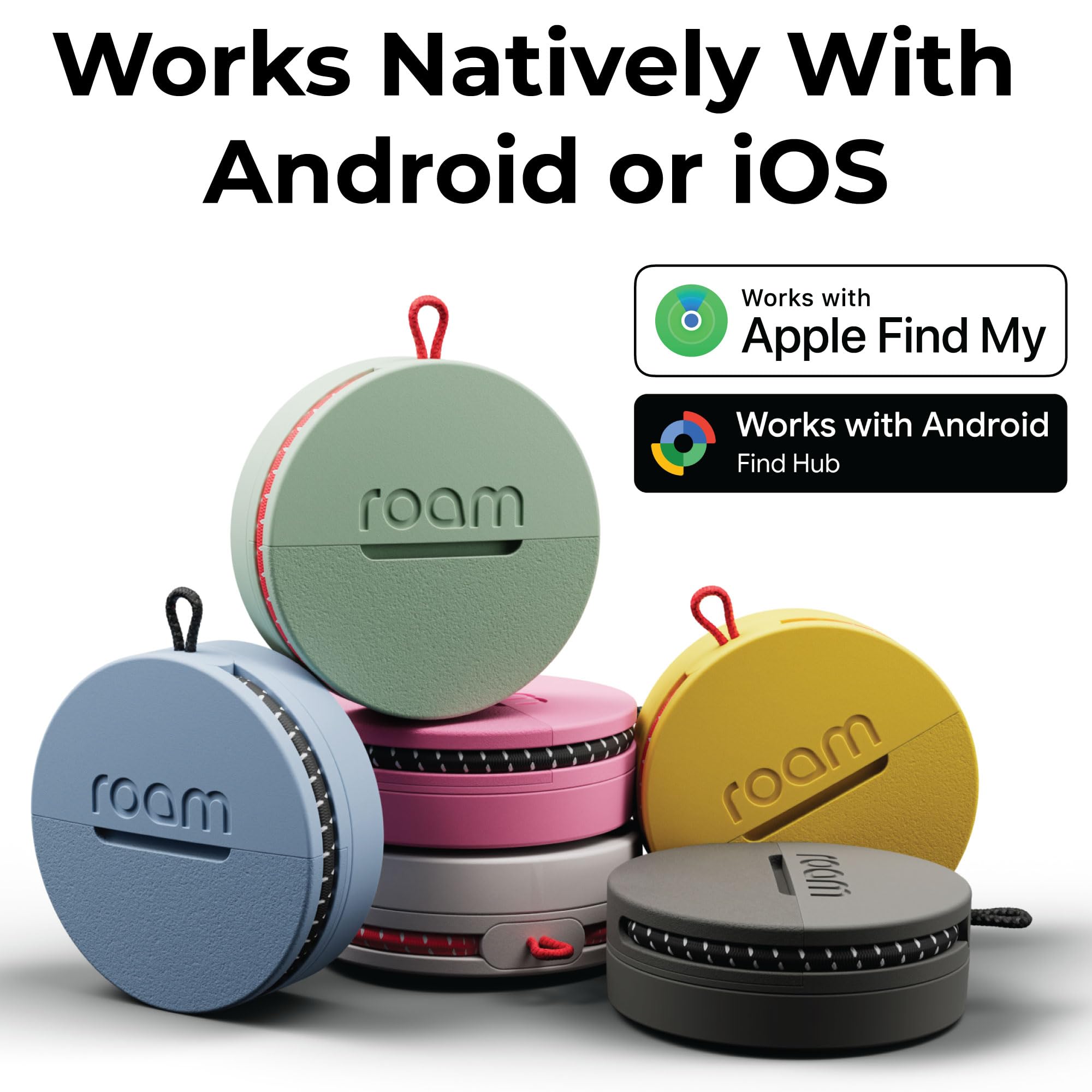 Roam Smart Tracker, Fonctionne avec Android et iPhone, suit vos clés, sacs, vélos, et plus encore. Batterie remplaçable d'un an, résistante à l'eau et à la poussière, sangle intégrée et cordon de clé