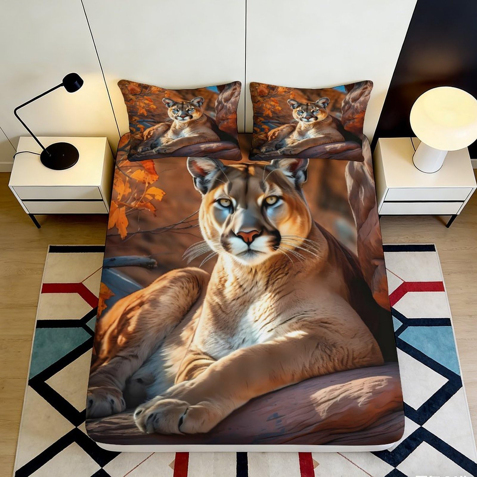 3D Printed Wild Cougar Fitted Sheet Microfiber Soft Anti-Slip Forest Animal Bed Cover for Bedroom Guest Room Decor 90x200x25cm