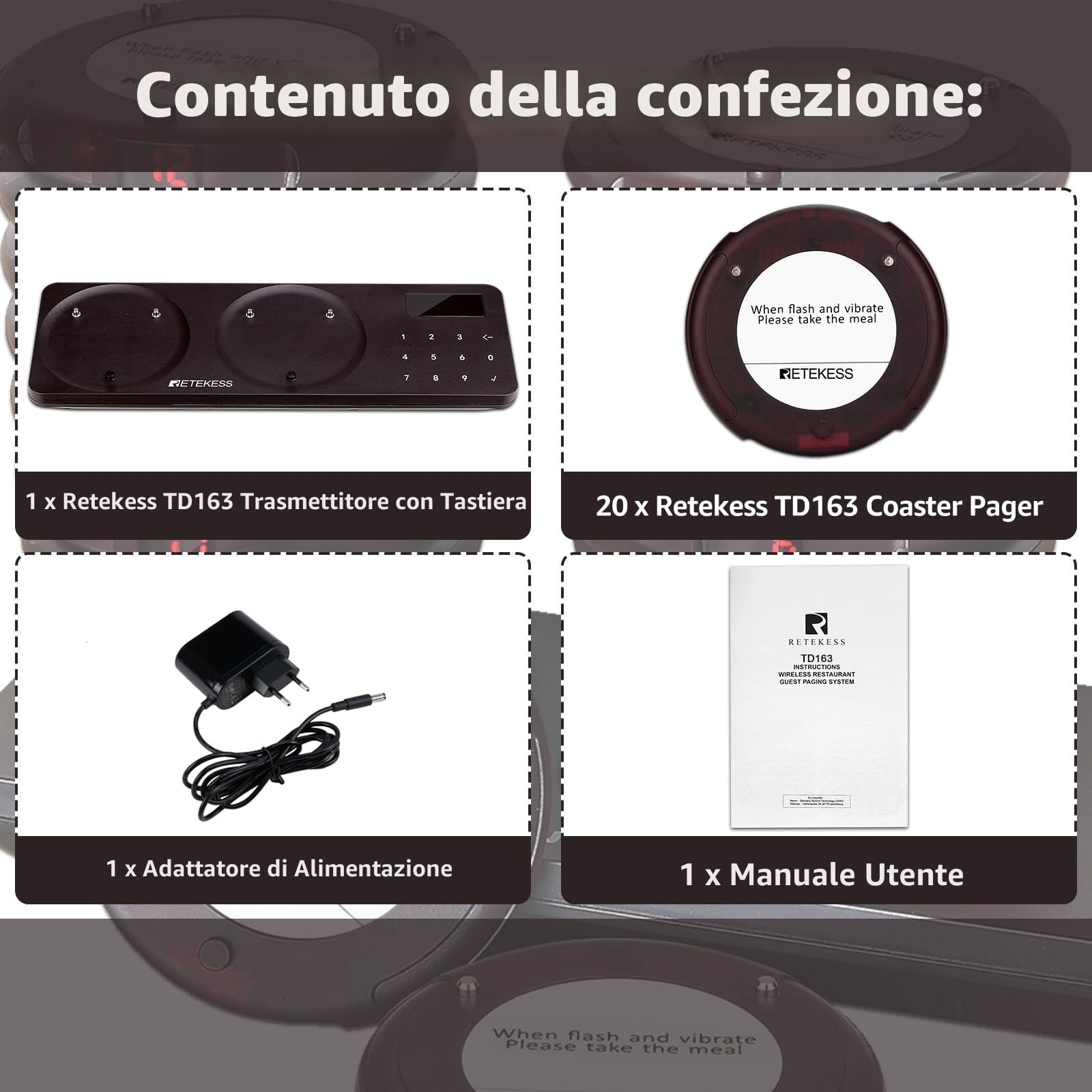 Retekess TD163 Cercapersone Ristorante, 500M Pager Ristorante, 31 Modalità di Chiamata, Facile da Usare, 300 mAh 20H, Cercapersone Wireless per Ristoranti, Logistica, Hotel (20 Cercapersone)