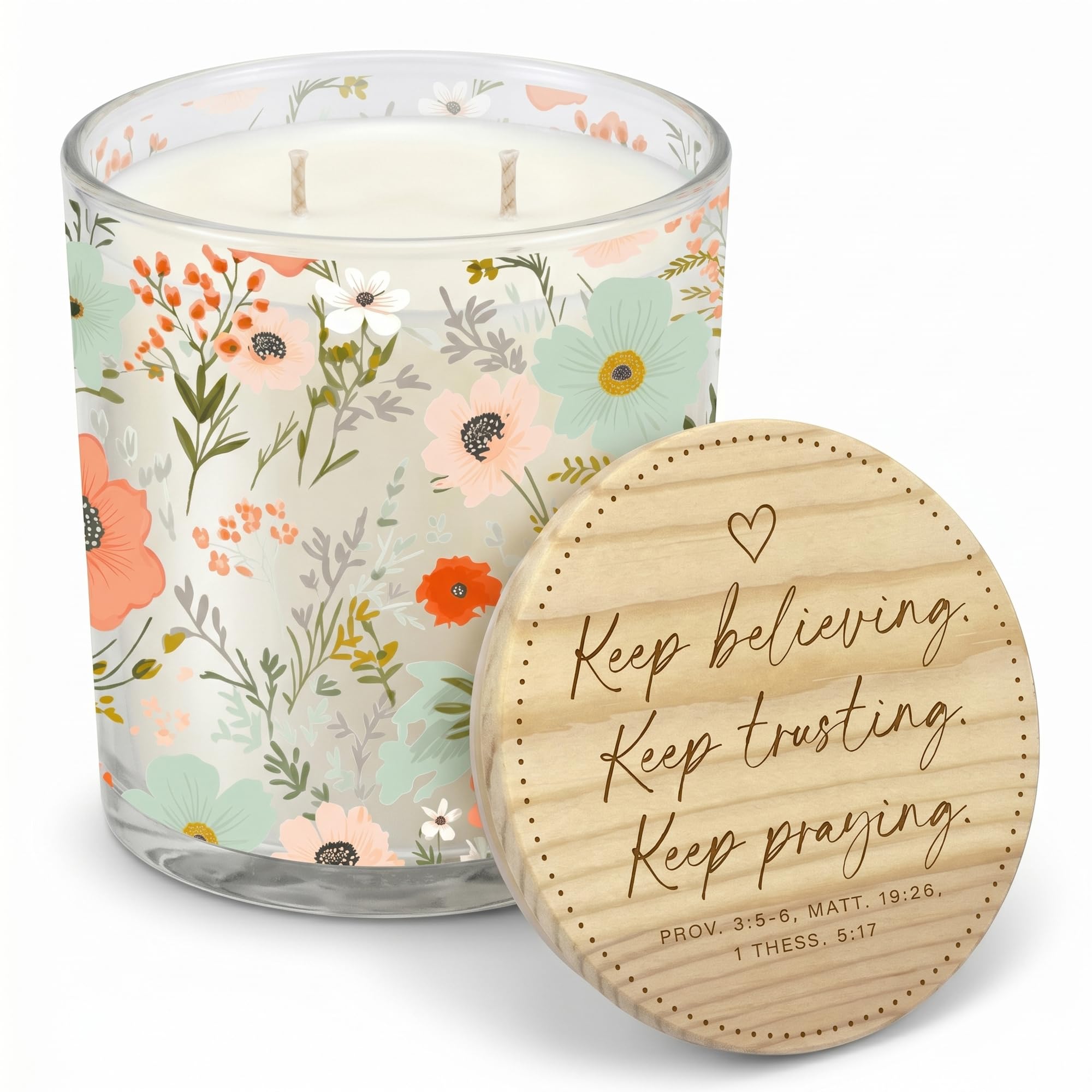 Vela aromática cristiana inspiradora para mujer, vela en tarro de cera de soja de 13 onzas con tapa de madera grabada, «Keep Believing Trusting Praying», vela de vidrio floral de menta y coral de 2