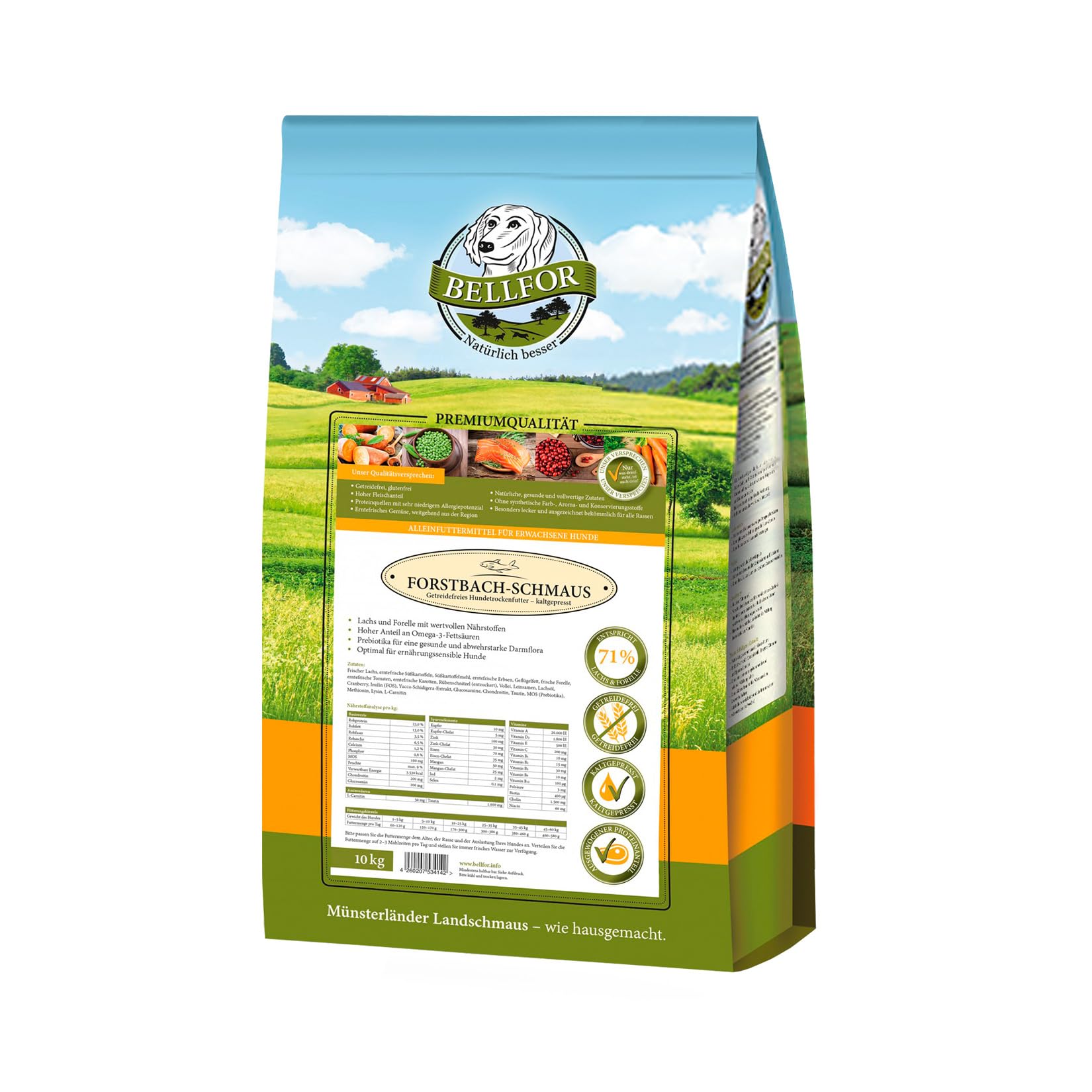 Bellfor Forstbach-Schmaus Kaltgepresstes Trockenfutter mit Lachs und Forelle Getreidefrei Reich an Natürlichen Vitaminen, Mineralien (Spurenelemente) und Antioxidantien (10 kg)