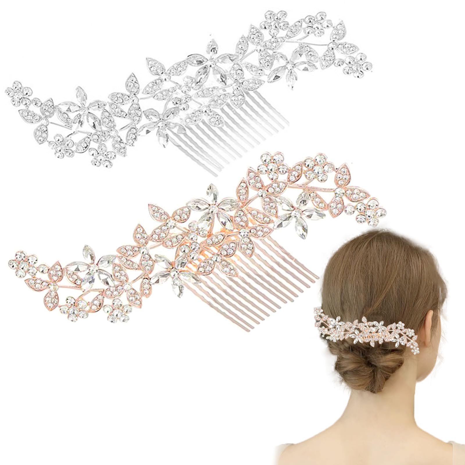 GeoGeoDIY 2 Pack Bridal Wedding Hair Pins Rhinestones Flower Hair Combs Pins Bride Hairpieces Gorgeous Hair Accessories for Brides Bridesmaids Women Girls Updo (Gold, Silver)