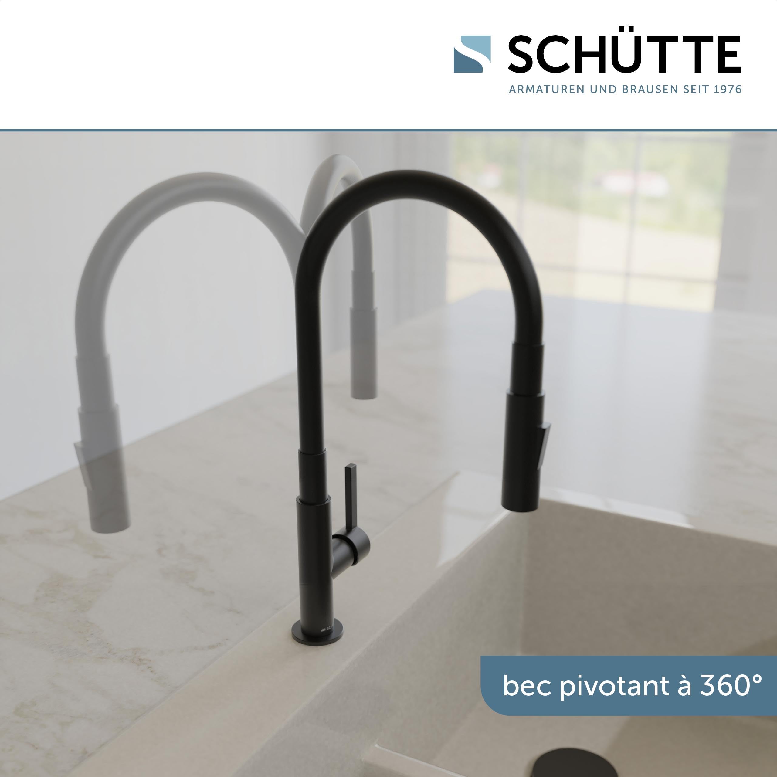 Schütte Glasgow Robinet de Cuisine Flexible - Eco-Click, Pivotant 360° | Robinet mitigeur cuisine noir, tuyau robinet doux au toucher, démarrage à froid économe, kit de montage inclus